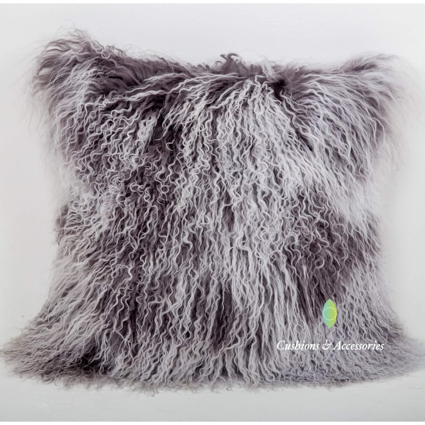 Sobeautifur Grey/White Mix 40cm x 40cm Genuine Mongolian Lamb Wool Fur Cushion With Duck Feather Pad