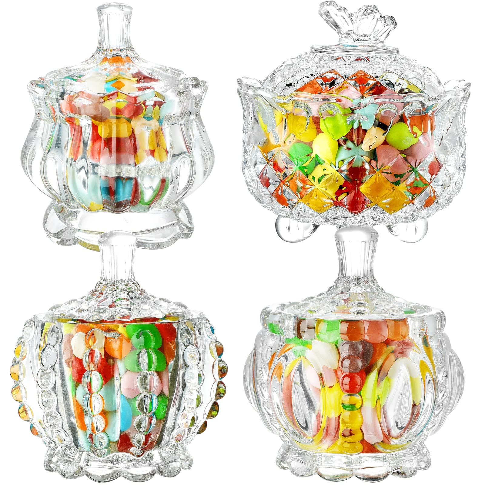 INFTYLE Glass Candy Dish with Lid Set of 4 Crystal Glass Candy Jar Jewelry Box Dappen Dish Cookie Jar for decorative storage gift idea