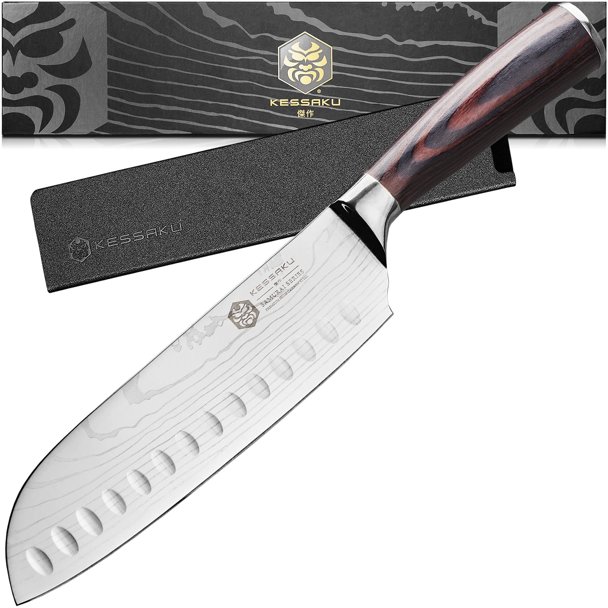 Santoku Knife - 7 inch - Samurai Series - Razor Sharp Kitchen Knife - Forged 7Cr17MoV High Carbon Stainless Steel - Wood Handle with Blade Guard