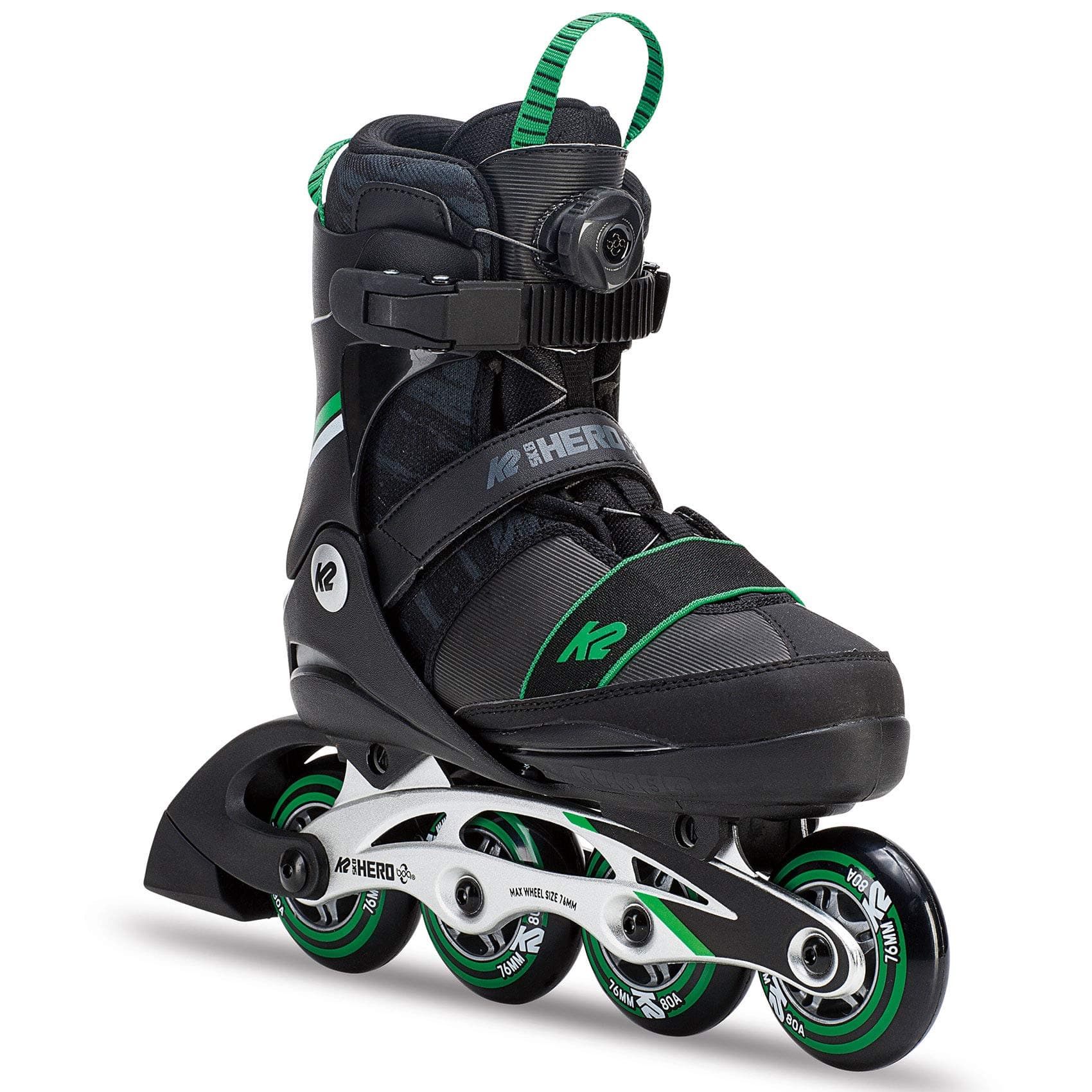 K2 Skate Sk8 Hero Boa ALU Inline Skates, Black Green, Size 1-5