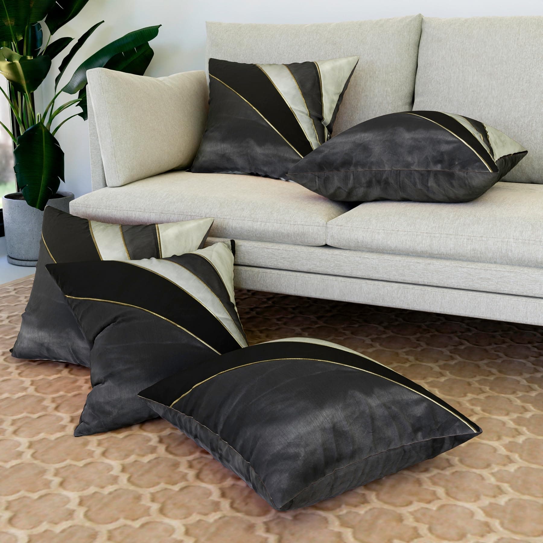 Kuber Industries Cushion Cover|Pillow Covers for Sofa|Throw Cushion Cover|Dupion Polyester Cushion Covers|Grey Patang Wire Cushion Covers|Set of 5|16 Inch|Black