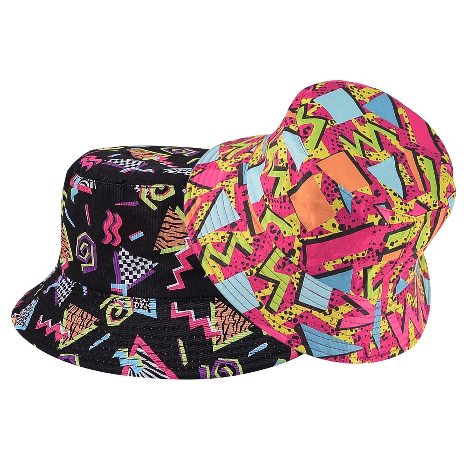2 Pieces Funny Disco Bucket Hats Fashion Beach Sun Cap Unisex Print Reversible Retro 80s Bucket Hat for Women Men Double-Side-Wear Outdoor Fisherman Hat for Hip hop Party Summer Travel