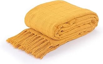 La Maison 100% Indian Cotton Large Batten Throwover Sofa Throw Bed Throw Woven Handloom Tassel Armchair Decorative Blanket (Mustard/Ochre, 127cm x 152cm / 50" x 60")