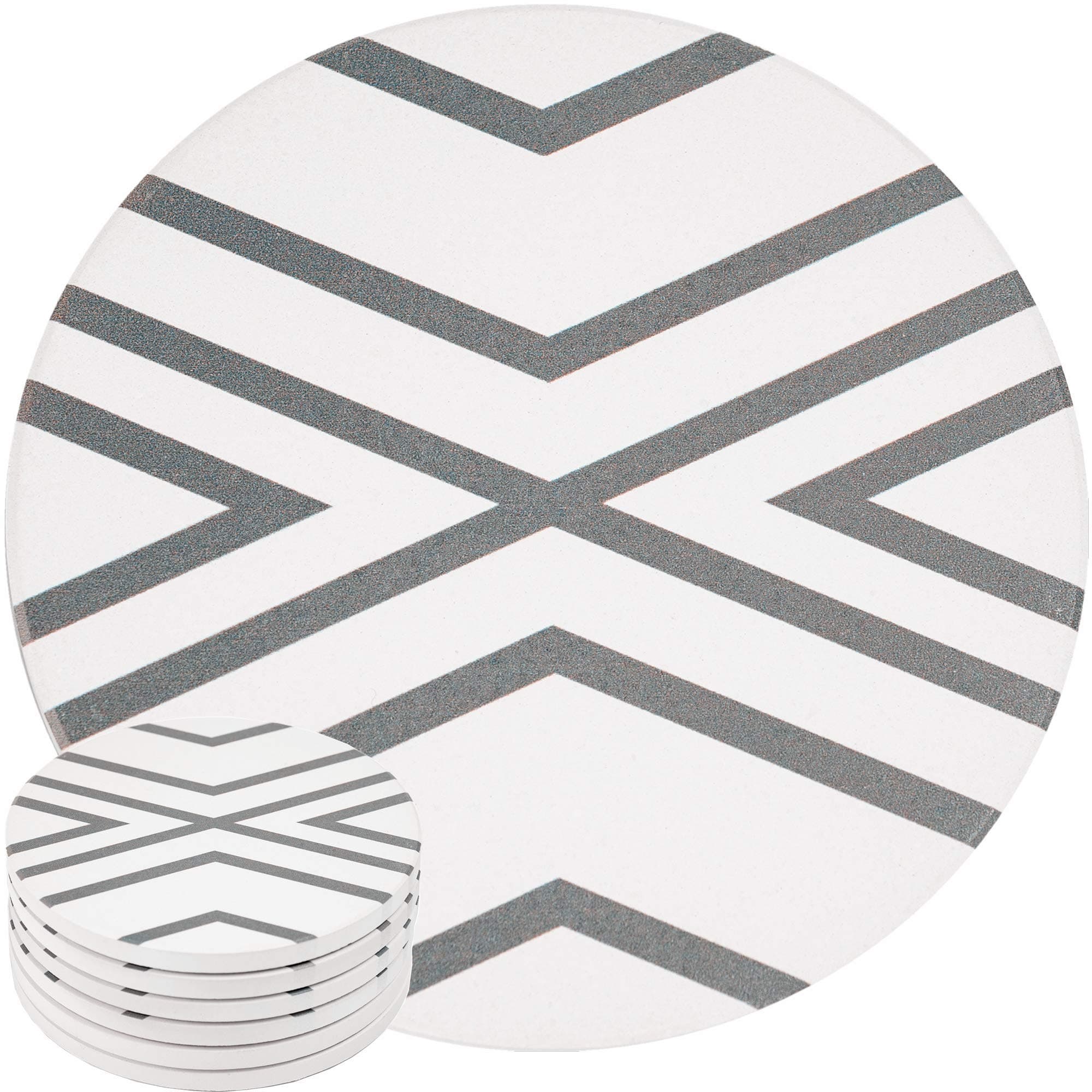 EnkoreAbsorbent Coasters for Drinks, Set of 6 Extra Large 4.3" Ceramic Cup Mats in Gray Line Design, Thirsty Clay Stone Pack with Cork Base Pad Protect Wood, Glass, Granite, Marble Tabletop,NO Holder