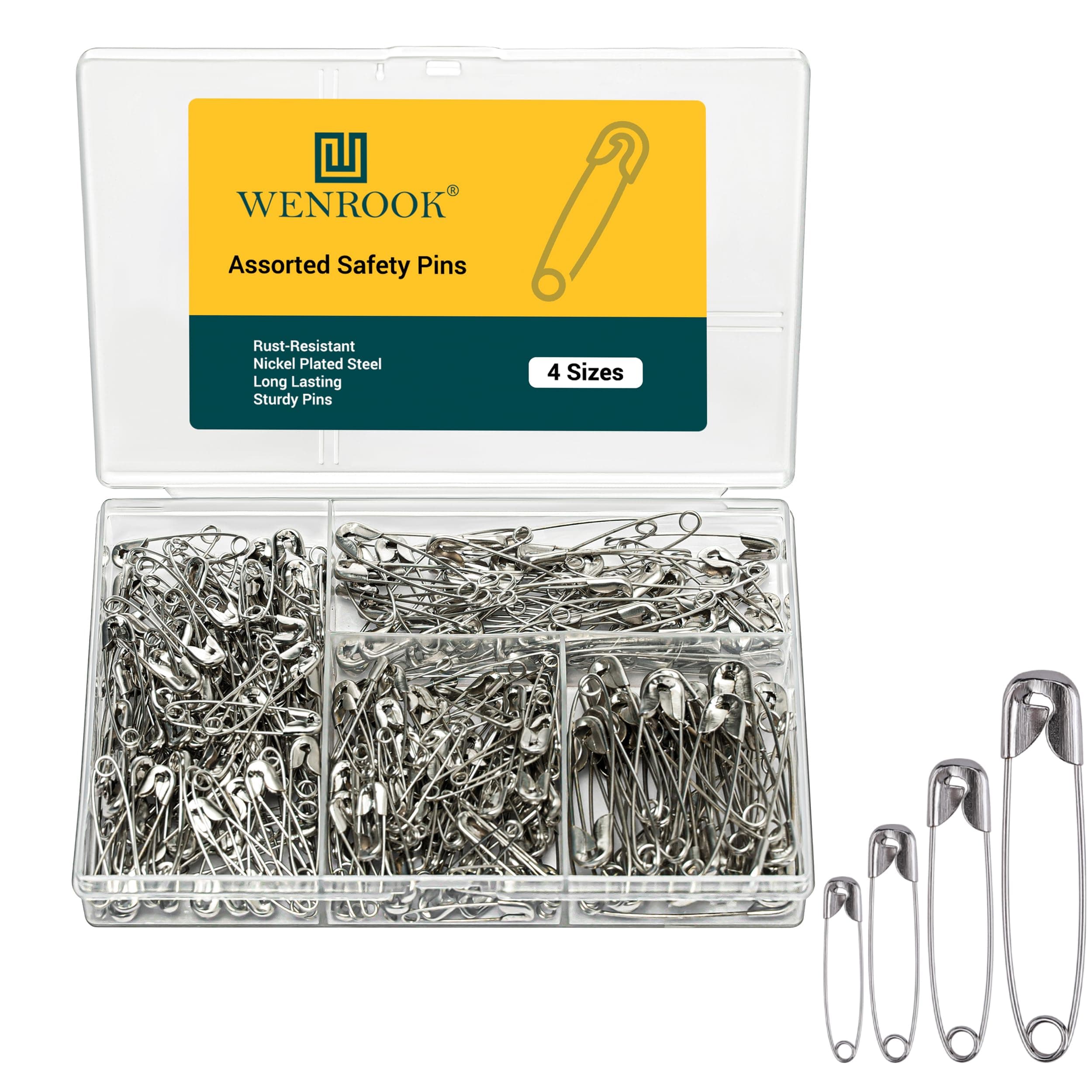 Premium 4-Size Pack Of 150 Safety Pins - Nickel Plated Steel, Rust Resistant Assorted Safety Pins, Perfect For Crafts, Sewing, Pinning And More