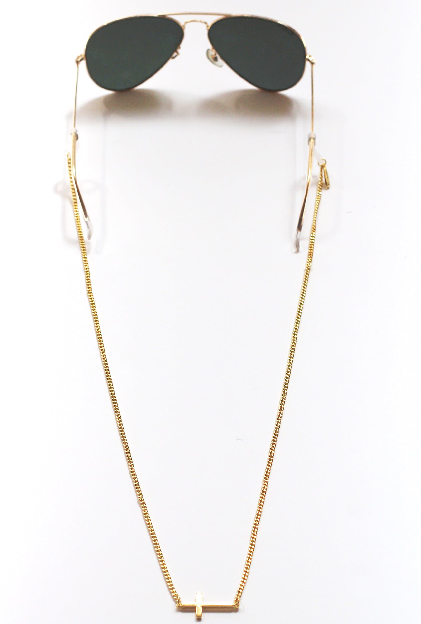 Sintillia Cross Backlace Sunglass Strap, Glasses Chain, Eyeglass Cord (Gold with Clear Attachments)