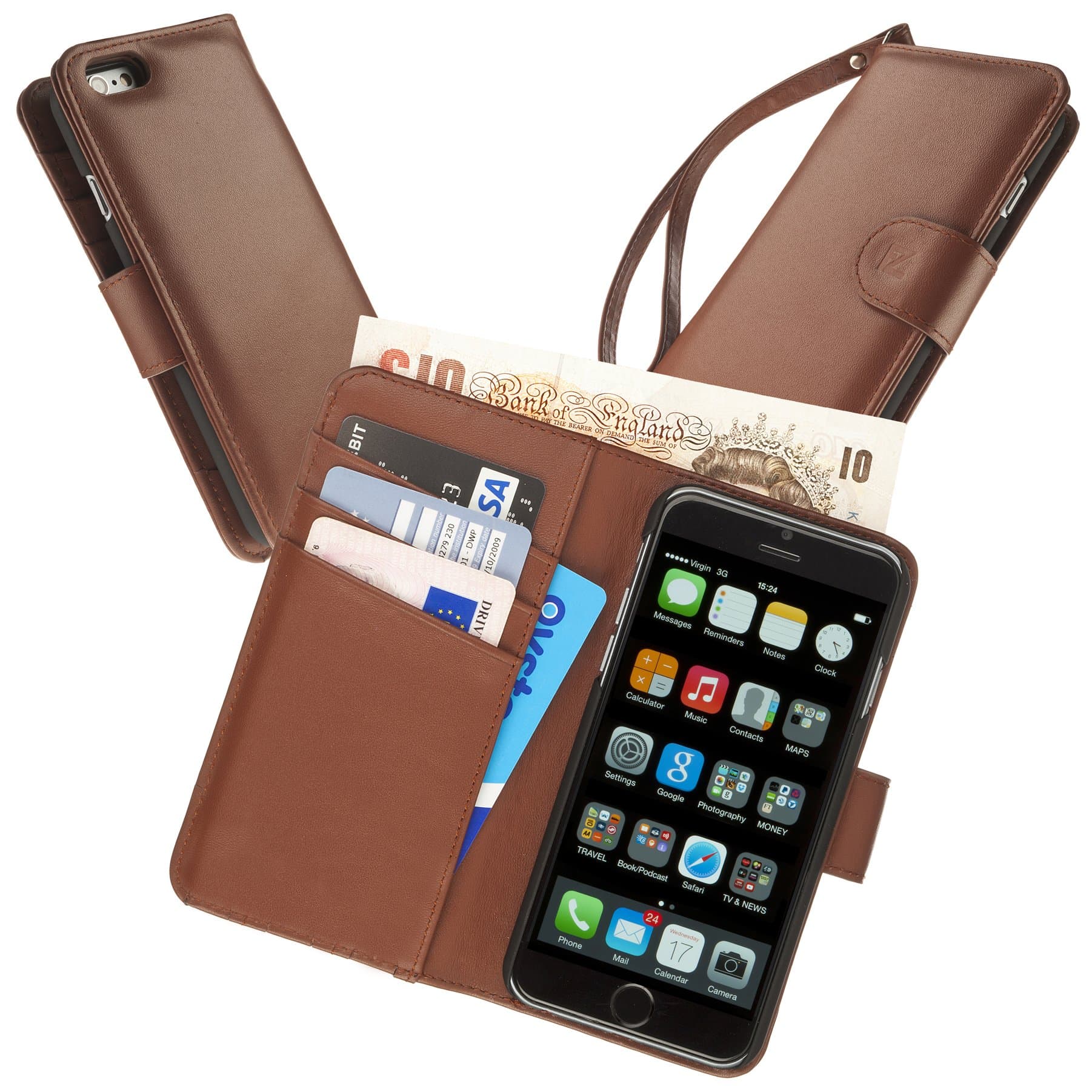 Fonerize I6-CWGS-EB Manhattan Real Leather Wallet Cover Case with Card Holder and Note Pocket for Apple iPhone 6/6S - Brown