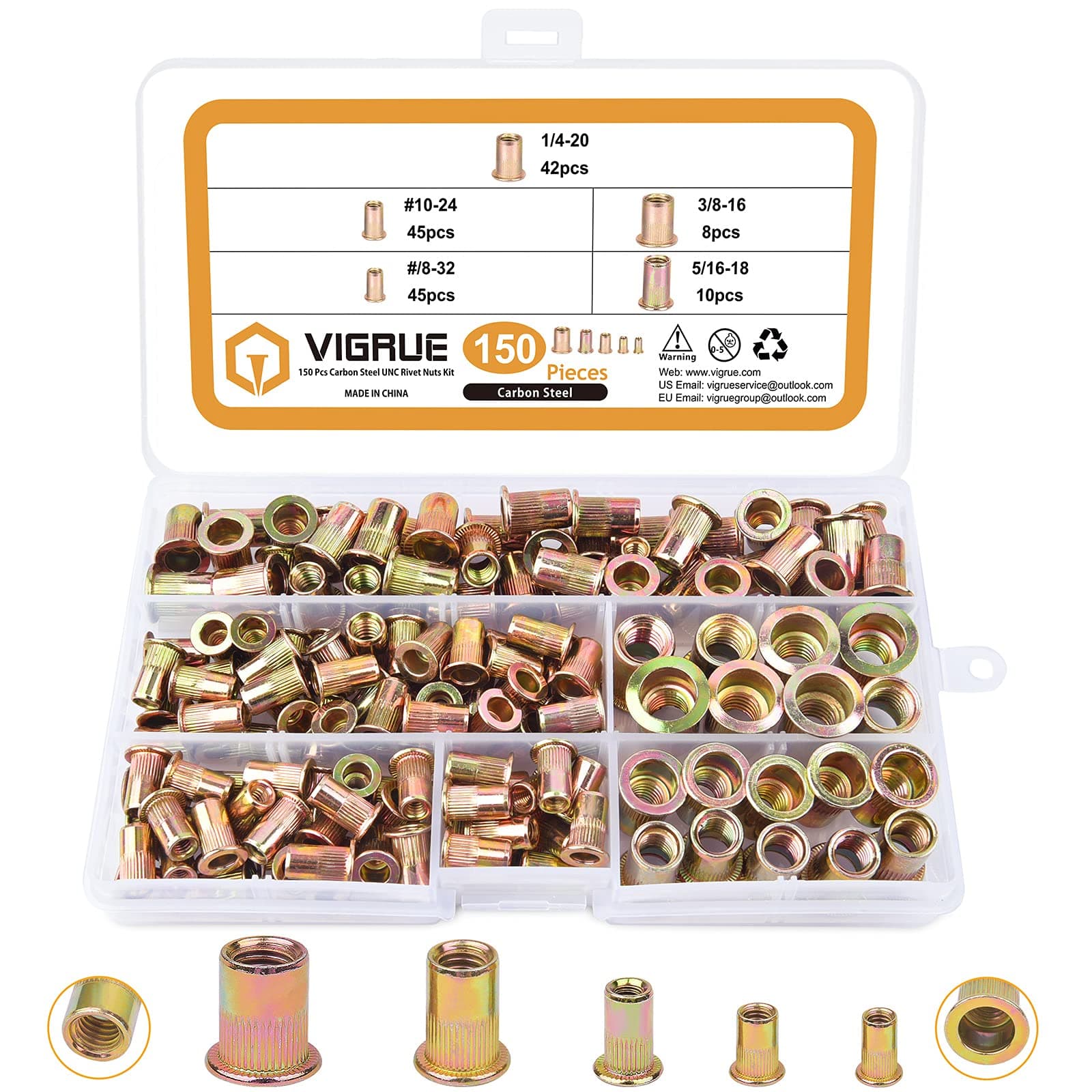 VIGRUE 150pcs #8-32#10-24 1/4"-20 5/16"-18 3/8"-16 Carbon Steel UNC Rivet Nuts Rivnuts Kit, Yellow Zinc Plated Finish, Flat Head Threaded Insert Nutsert Assortment Kit Assort