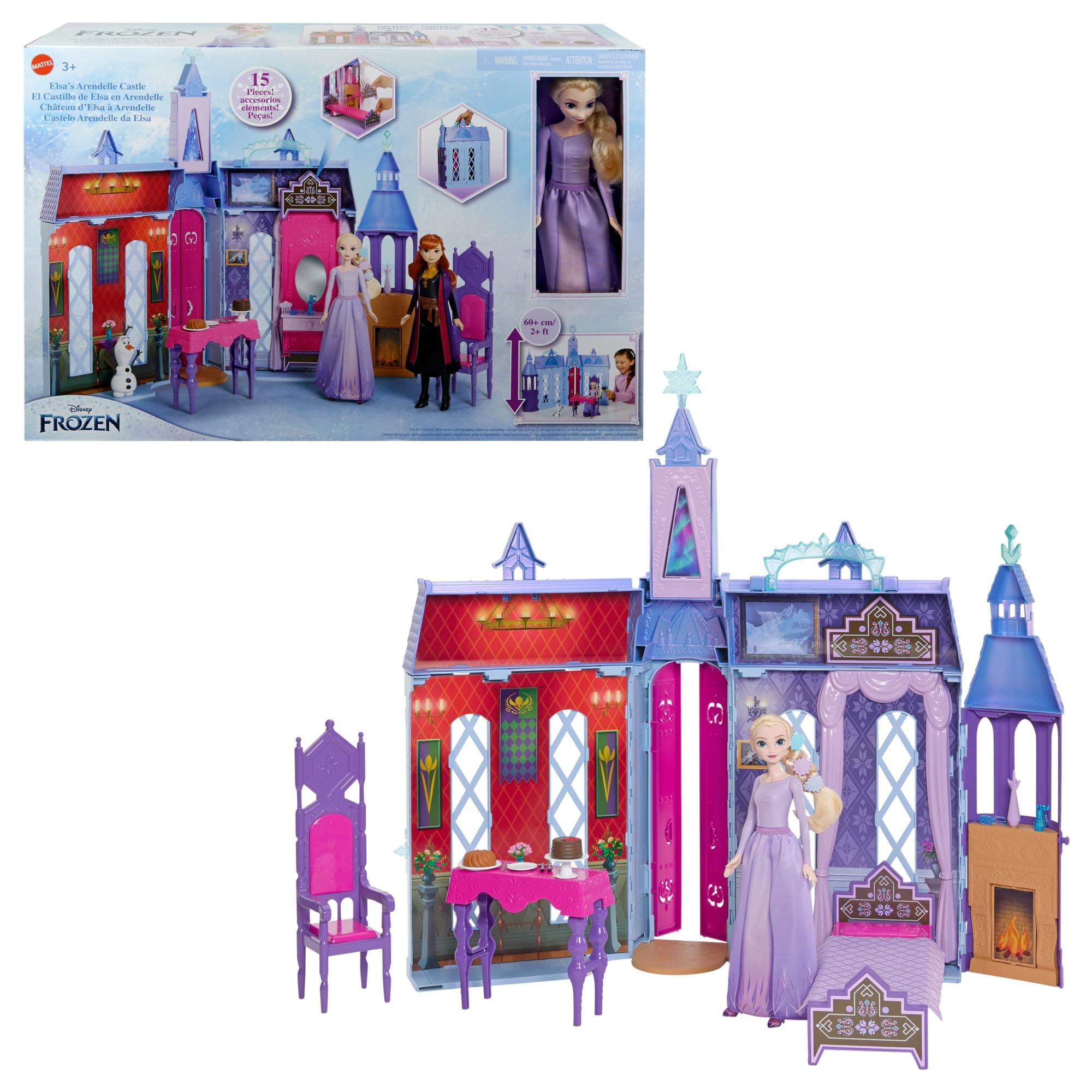 Disney Frozen Elsa's Arendelle Castle, 60 cm Dollhouse with Carrying Handle, Includes One Elsa Doll and 15 Doll Accessories, Toys for Ages 3 and Up, One Playset, HTP22