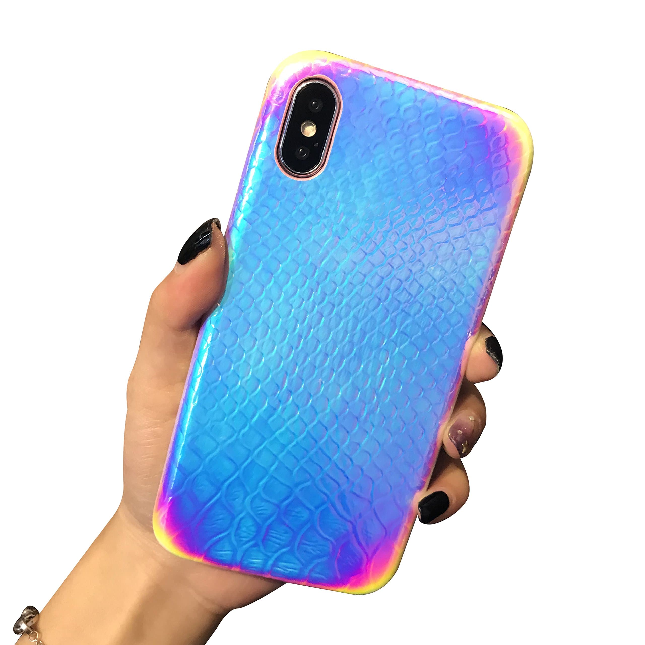 Holographic Mermaid iPhone Xs Case, iPhone X case, Easeu [Super Slim] [Gorgeous] Iridescent Back Cover [Color Changing] Crocodile Pattern Reflective Rainbow Case for iPhone Xs/iPhone X 5.8"