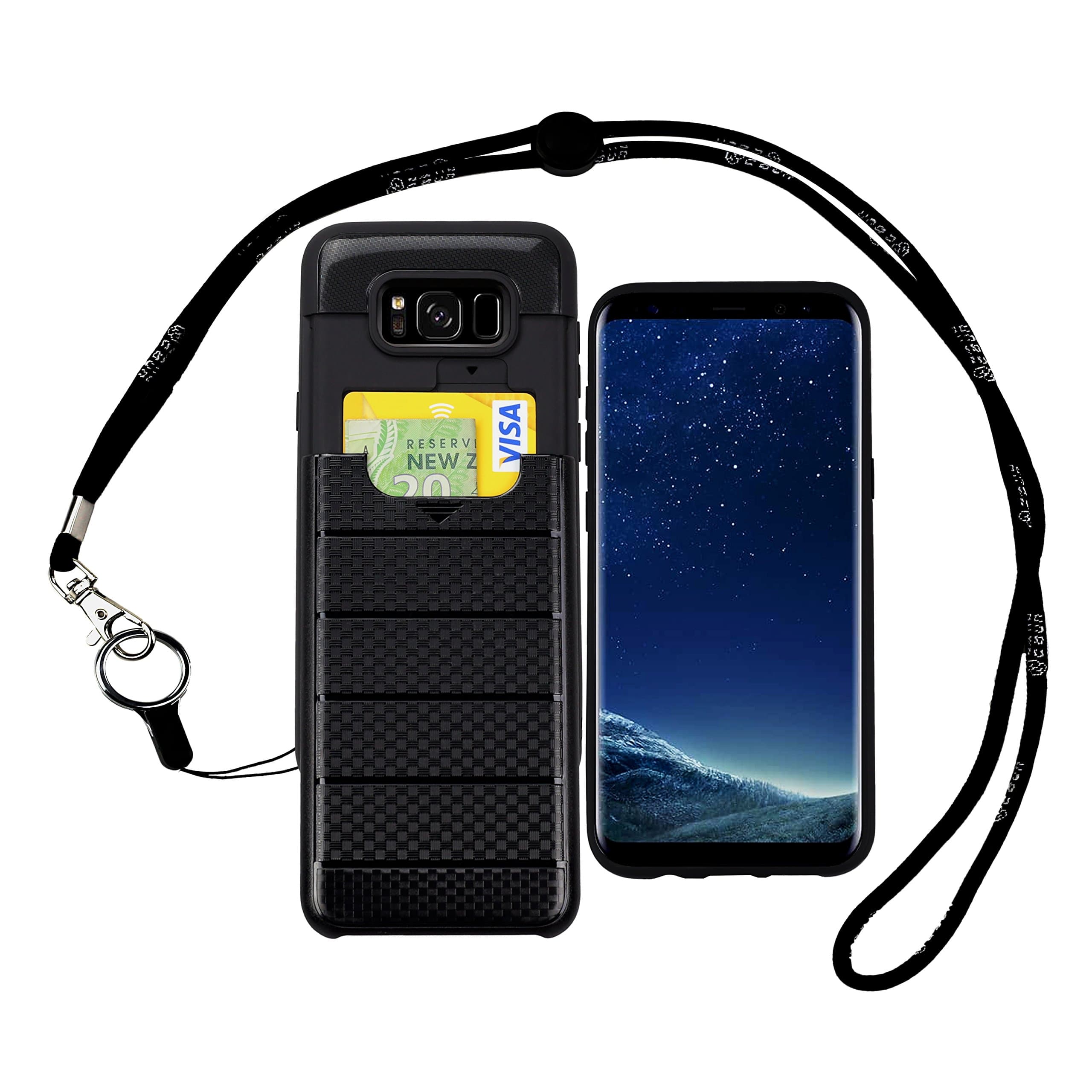 Samsung Galaxy S8 Case with Strap | Neck Lanyards with Lanyard Hole, Back ID Slot Slider, Credit Card Holder Impact Resistant Durable Silicone Hard Armor