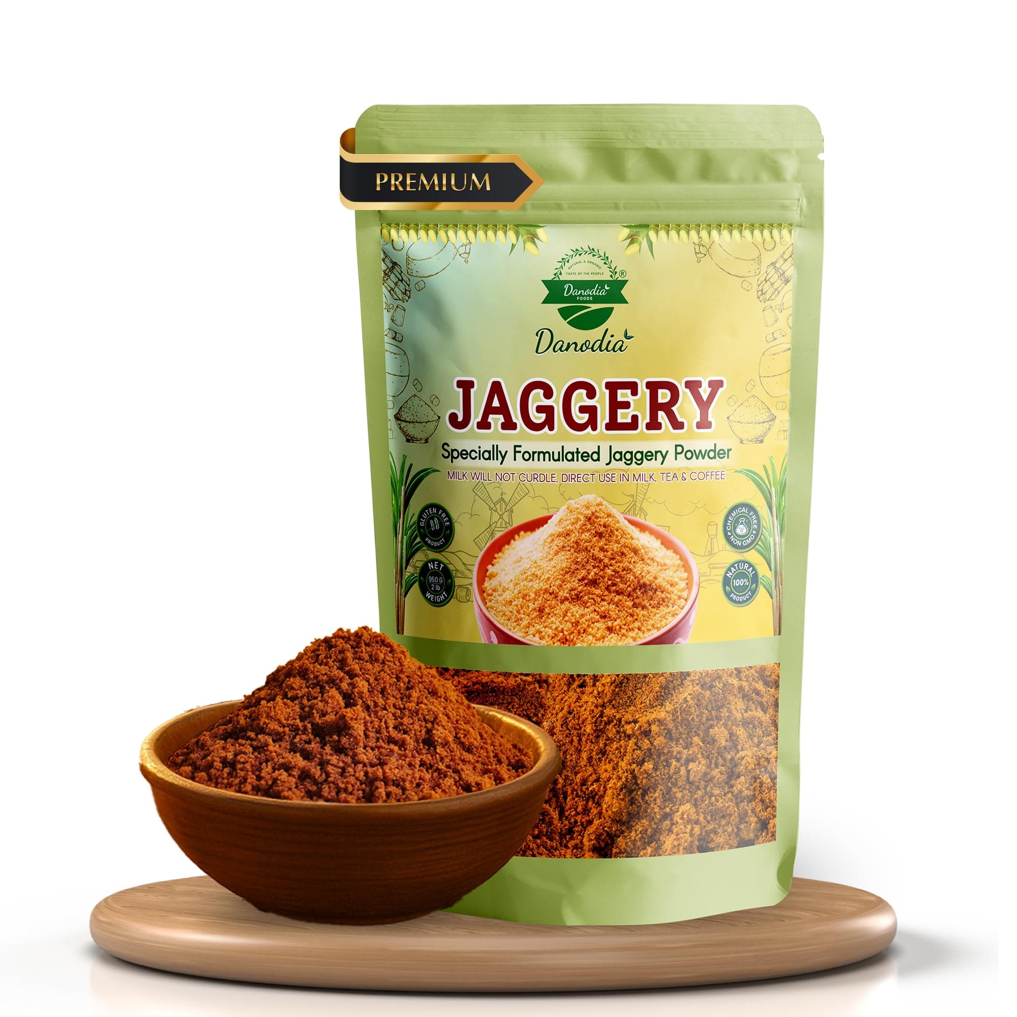 Danodia Foods Organic Jaggery Powder (2 lbs/950G) | Gluten Free, Traditionally, No Anti Caking Agent, No Additives | Unique Sugar Substitute, Best Of Indian Sweetener (Resealable Pouch)
