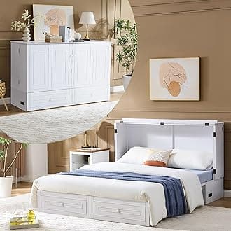 Queen Murphy Bed, Pine Wood Murphy Bed,Cubix Cabinet with Tri-Folding Mattress,Storage Drawer with14pcs Auxiliary Wheels & USB Charging Station for Living Room Apartment (White 5#)