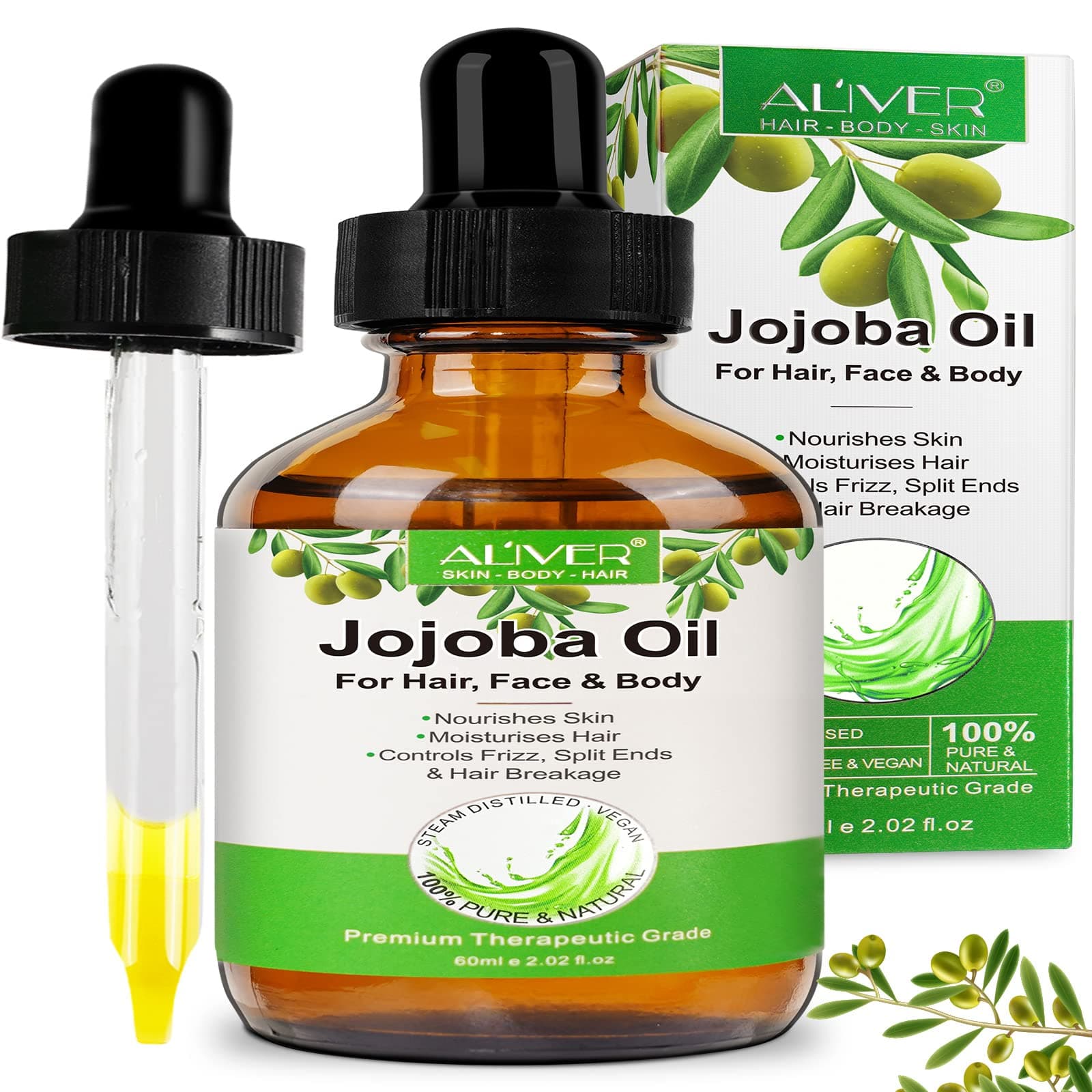 Jojoba Oil,100% Pure Organic Cold Pressed Moisturizing Multi-Purpose Unrefined Hexane Free Jojoba Oil for Hair,Face,Skin & Nails,Nourish the Scalp,Stretch Marks(60 ML)(2.02 Fl Oz)