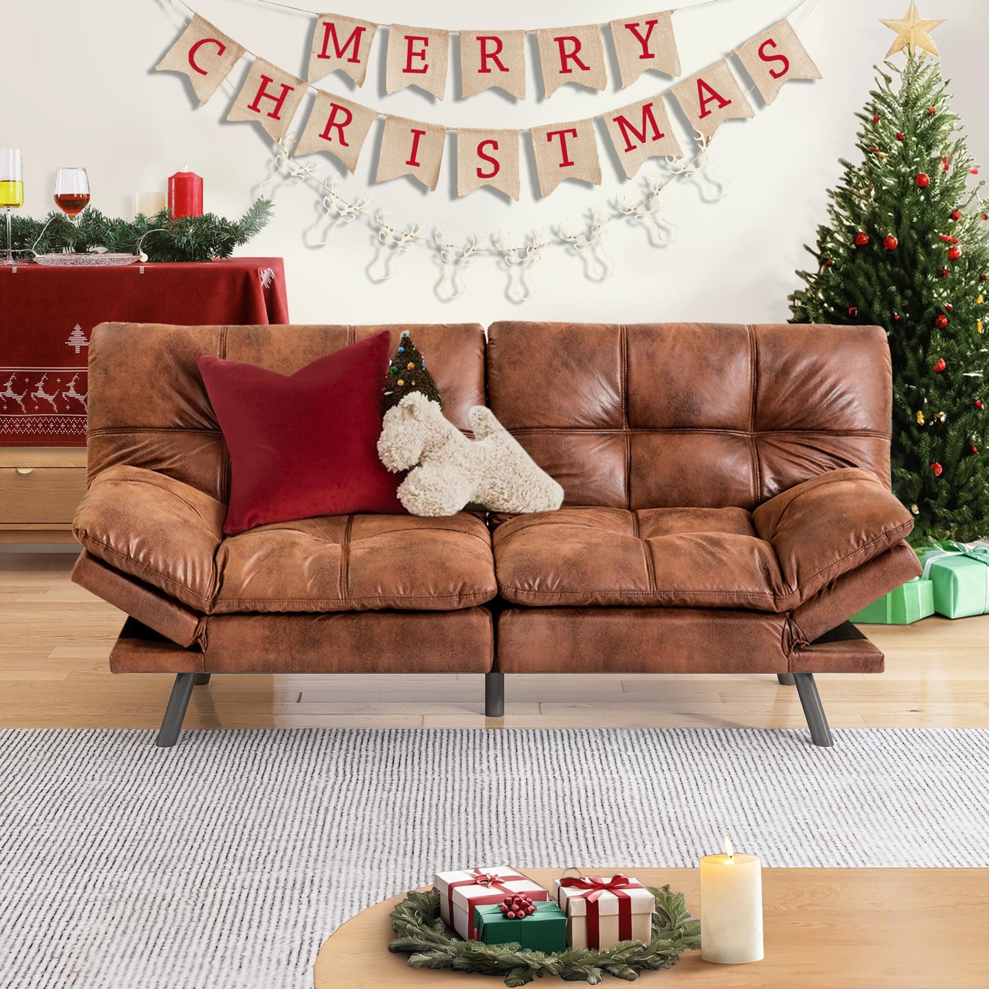 Memory Foam Faux Leather Futon Sofa Bed Couch,Convertible Futon Sofa Couch,Loveseat Sleeper Sofa Bed,Small Splitback Modern Sofa Bed for Living Room,Office,Apartment,Brown