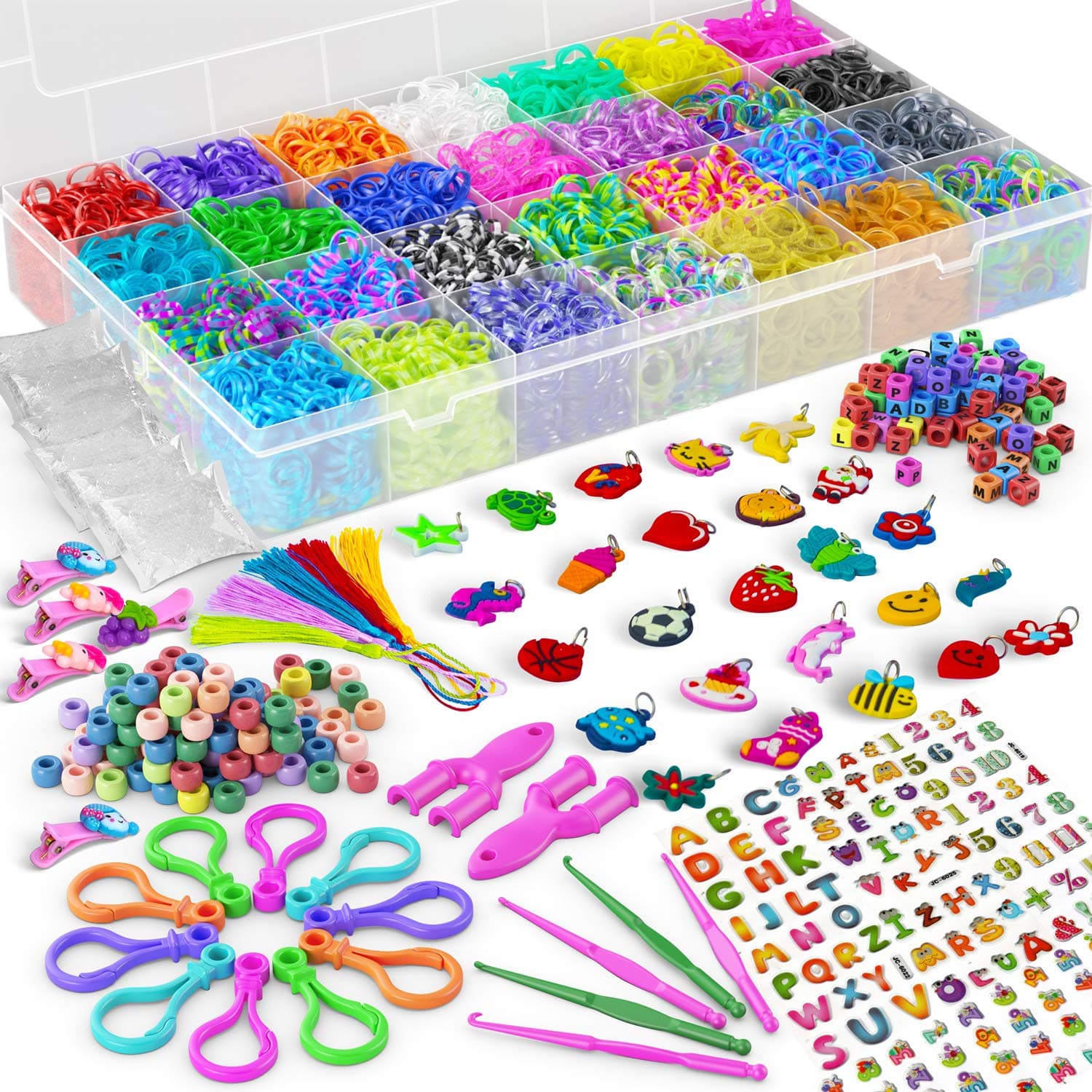 Rubber Band Bracelet Refill Kit - 11000 Premium Loom Bands, 600 S-Clips, 200 Beads, 30 Charms, 52 ABC Beads, 10 Backpack Hook, 5 Crochet, Tassel, Hair Clip â€“ 2Y Loom