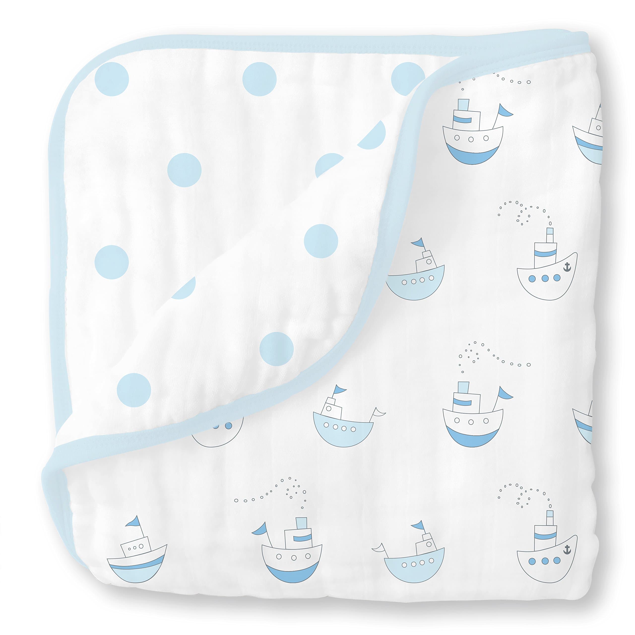 4-Layer Cotton Muslin Luxe Blanket, Baby and Toddler Cuddle and Dream, 46x46 inches, Pastel Blue Nautical Little Ships and Dots