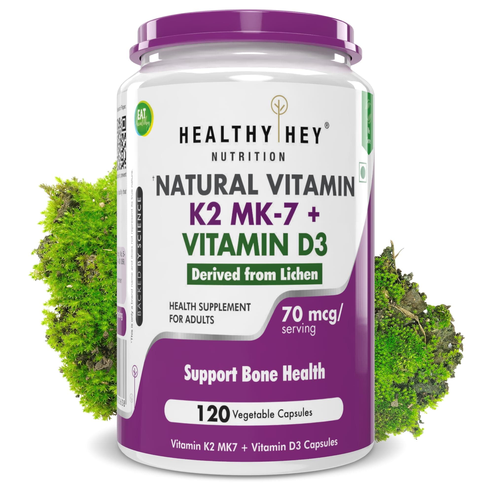 HealthyHey Nutrition Vitamin D3 K2 Supplement Capsules | D3 Derived from Natural | 100% Veg Vitamin K2 Mk7 + Vitamin D3 Capsule | Non-GMO |Non -Synthetic (120 Veg. Capsules)