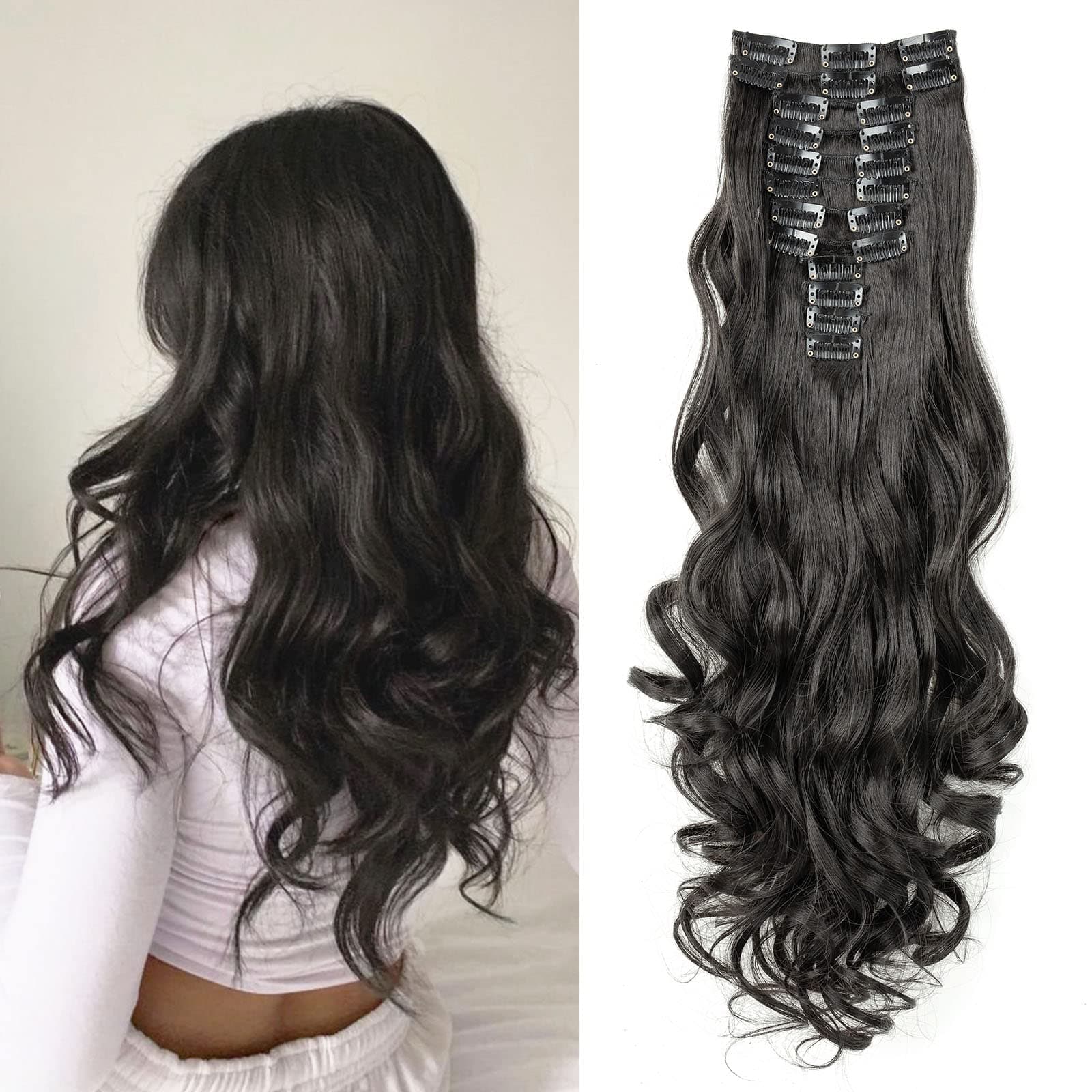 JIAMEISI Clip in Hair Extension Long 22inch Off Black Curly Full Head Synthetic Clip on Hair Extension 180 Gram Thick Double Weft Hair Extensions Wavy Hairpieces for Women