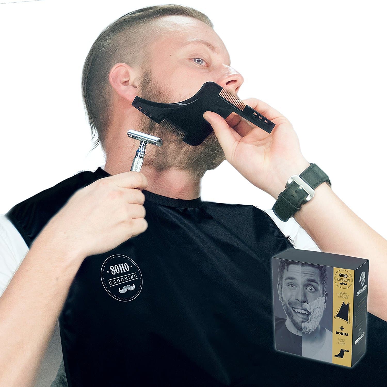 Beard Catcher w/Beard Shaper comb + Beard Grooming Booklet! PREMIUM Packaging. PERFECT Boyfriend/Husband Gift! No Clogged Sinks. Easy Disposal. No Mess.