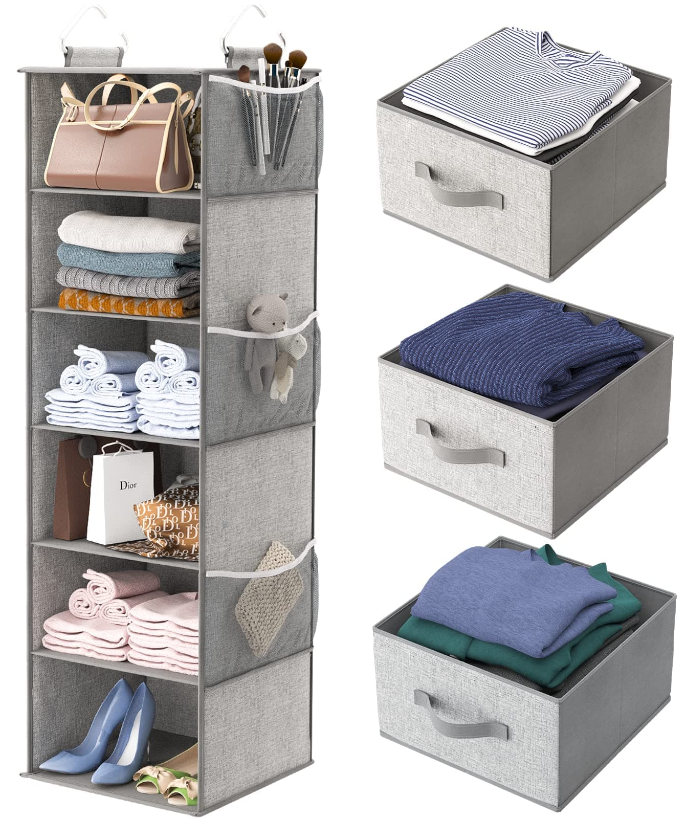 Hanging Closet Organizer 6-Shelf, Hanging Shelves for Closet with 3 Divisible Drawers & Side Pocket, Linen, 11.4''W x 12''D x 43.3''H, Grey