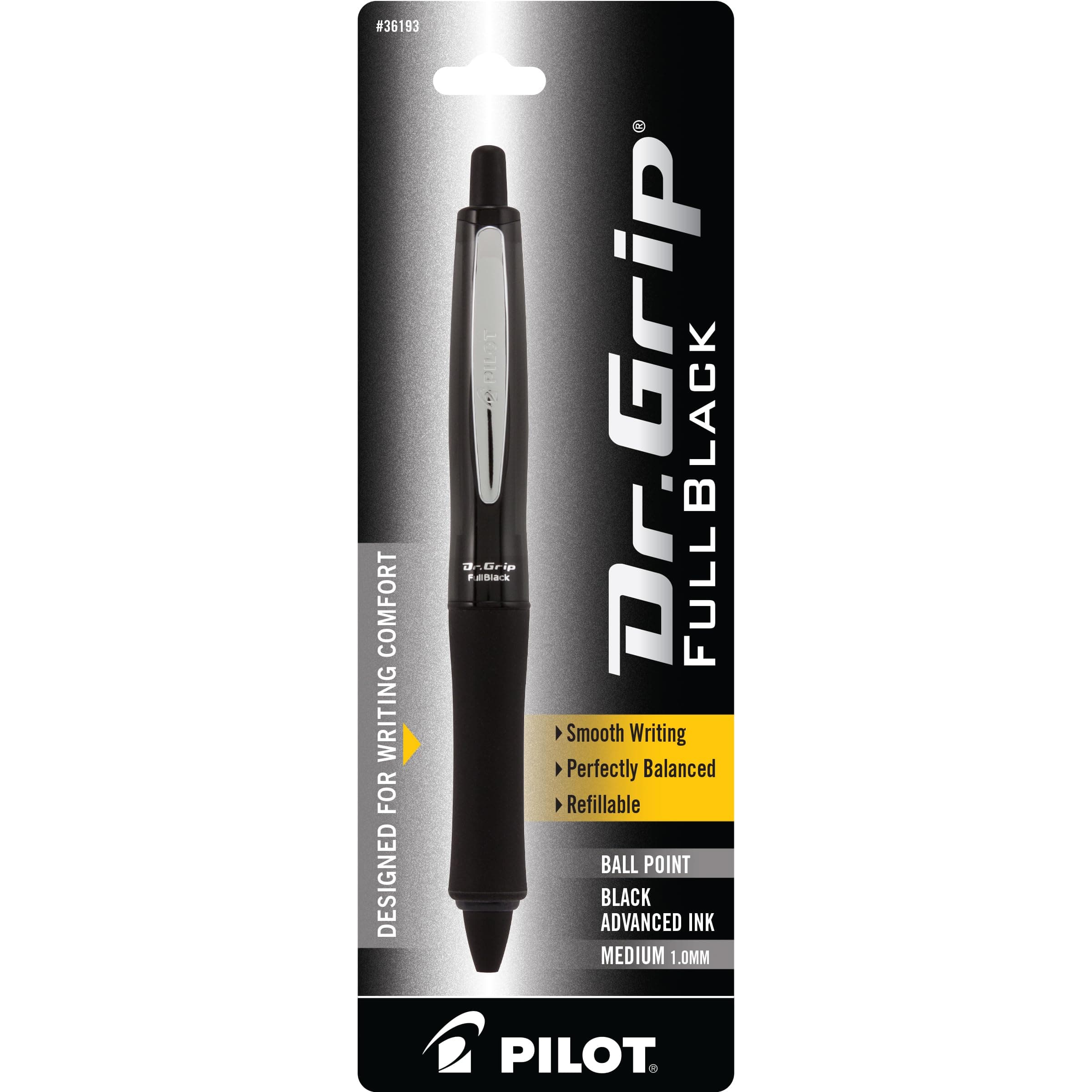 Pilot Dr. Grip FullBlack Refillable & Retractable Ballpoint Pen, Medium Point, Black Ink, Single Pen (36193)