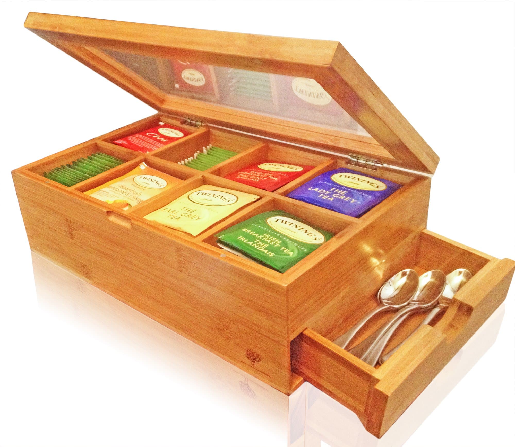 GOFOIT FBA_14135733 Solid 100% Bamboo Tea Box Natural Chest with Clear Hinged Lid, 8 Storage Sections with Expandable Drawer