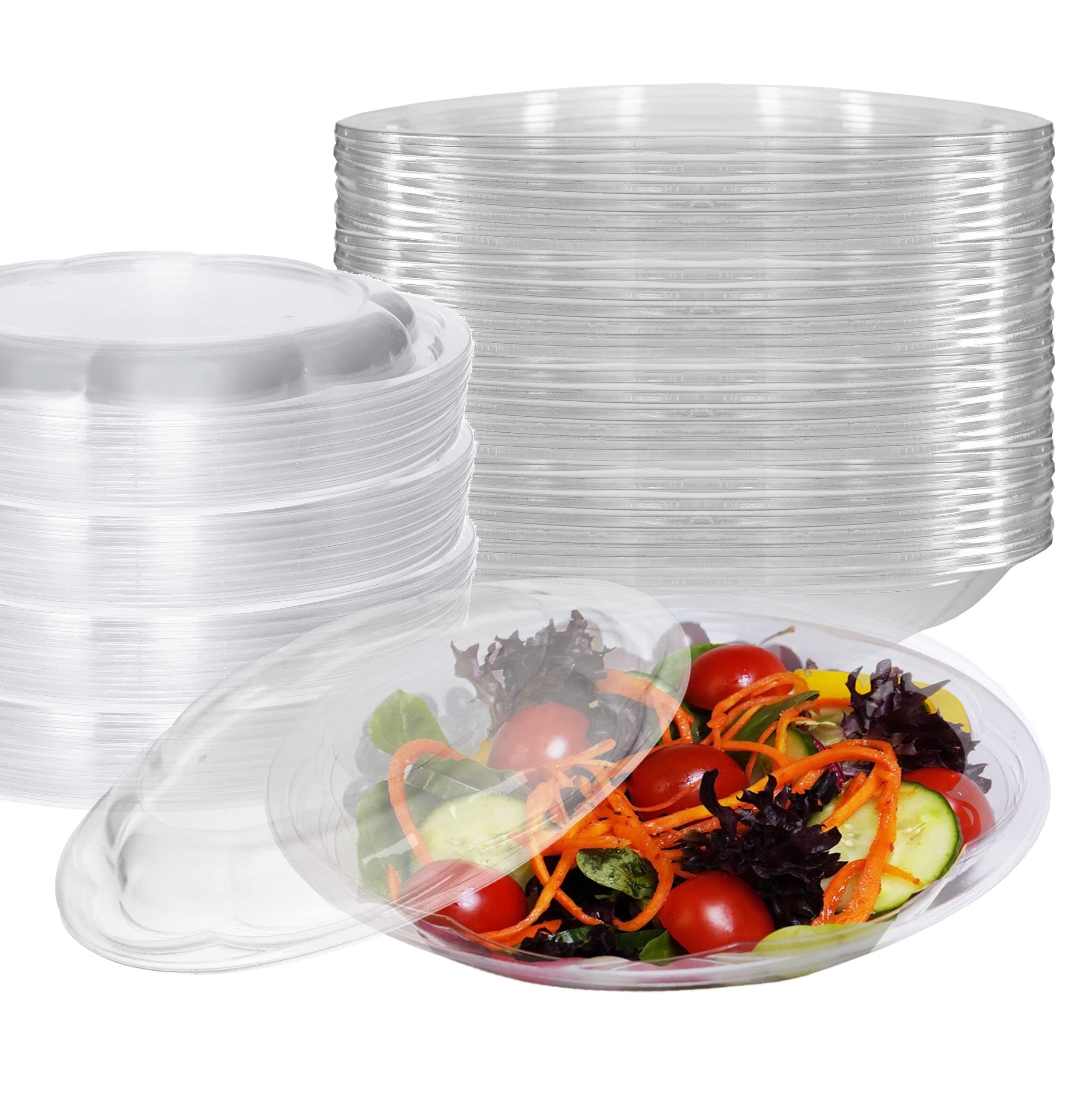 64oz Salad Bowls To-Go with Lids - Crystal Clear Plastic Disposable Wide Salad Containers | Airtight, Lunch, Salads, Parfait, Fruits, Leak Proof, Airtight, Fresh, Meal Prep | Rose Bowl Container (100)