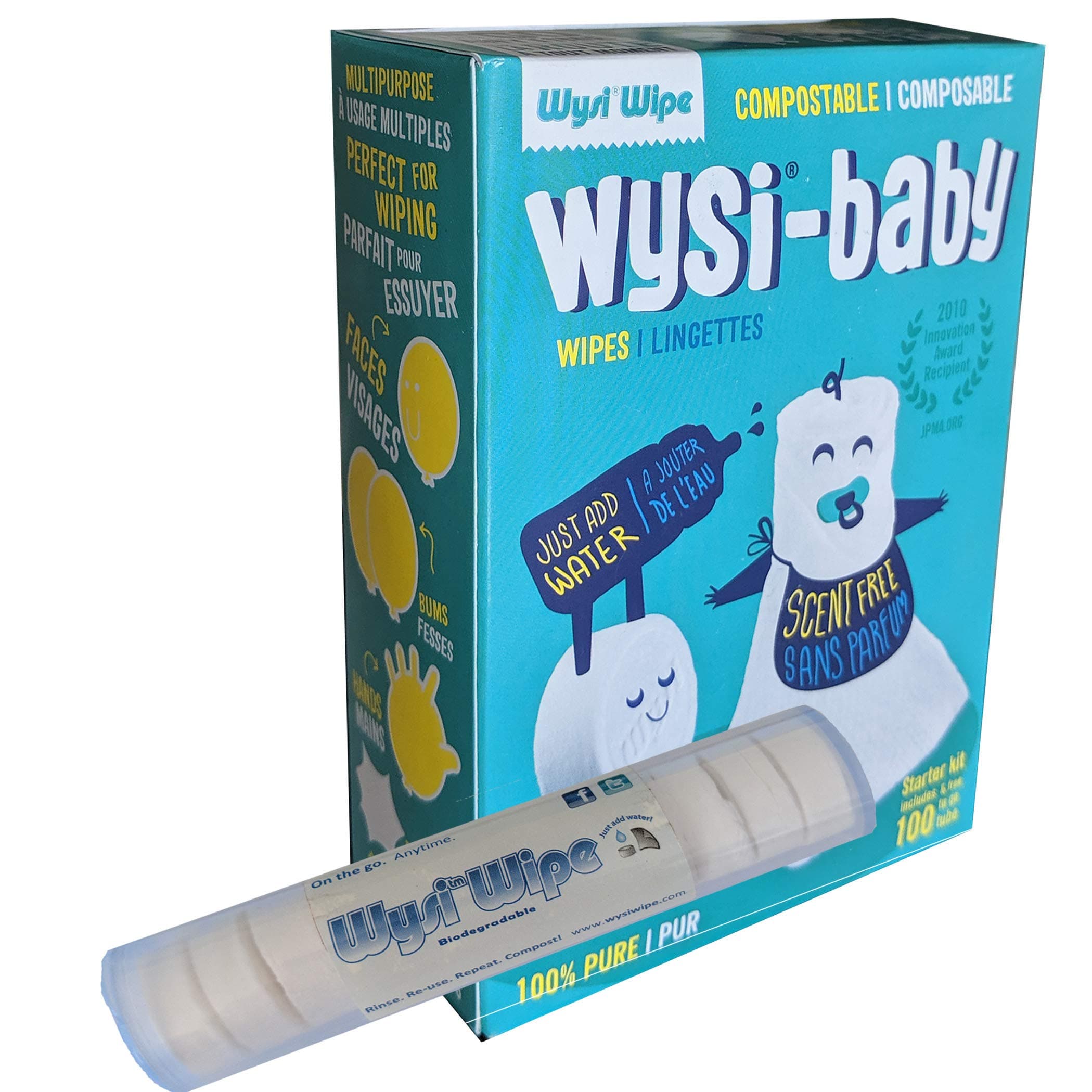 Wysi Baby Starter Kit Multi-Purpose Expandable Wipes & Travel Tube - Just Add Water - 100 Compressed Tablets - All Natural Reusable Wipes & Towellettes - Hypoallergenic - Compostable - Gentle