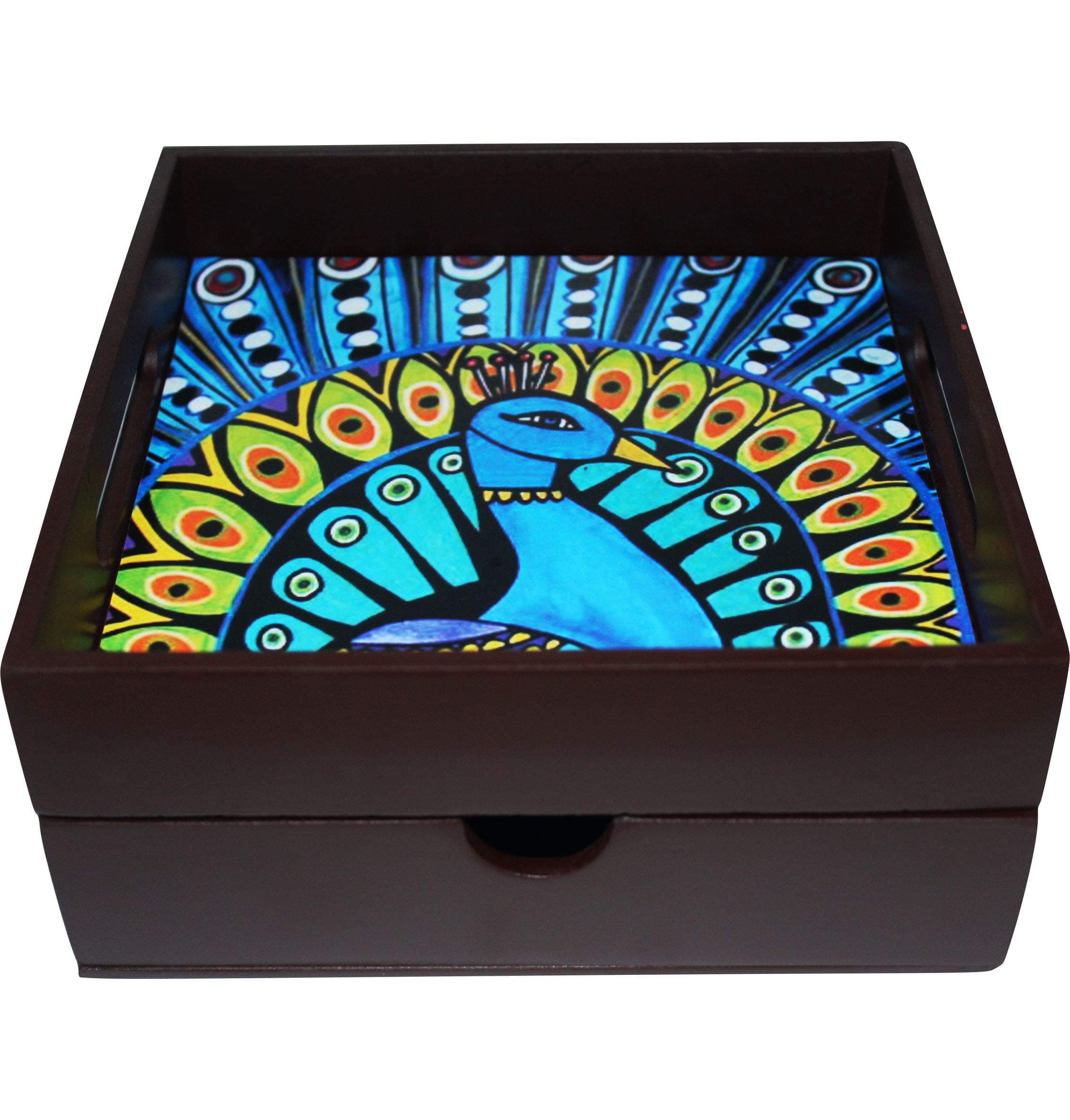 Enigmatic Woodworks Wooden Tray with DrawerI Store Spoon Knife Fork Napkin Tea Sugar Milk Sachets I Size 20 X 20 X 9 (Brown New Peacock)