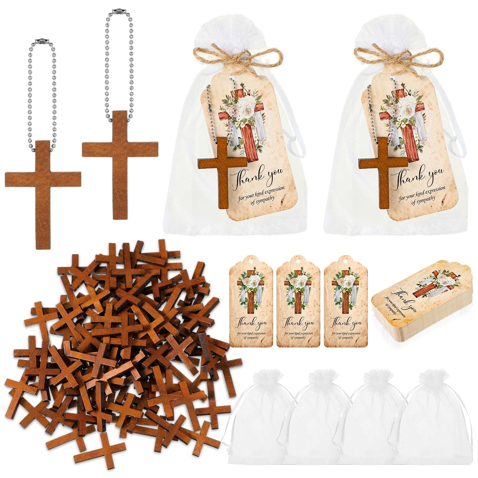 Tradder 100 Set Funeral Favors Set with 100 Wooden Cross Keychain, Funeral Thank You Cards, Organza Bags for Celebration of Life Decorations for Guest Family Friends Loved Ones(Cross)