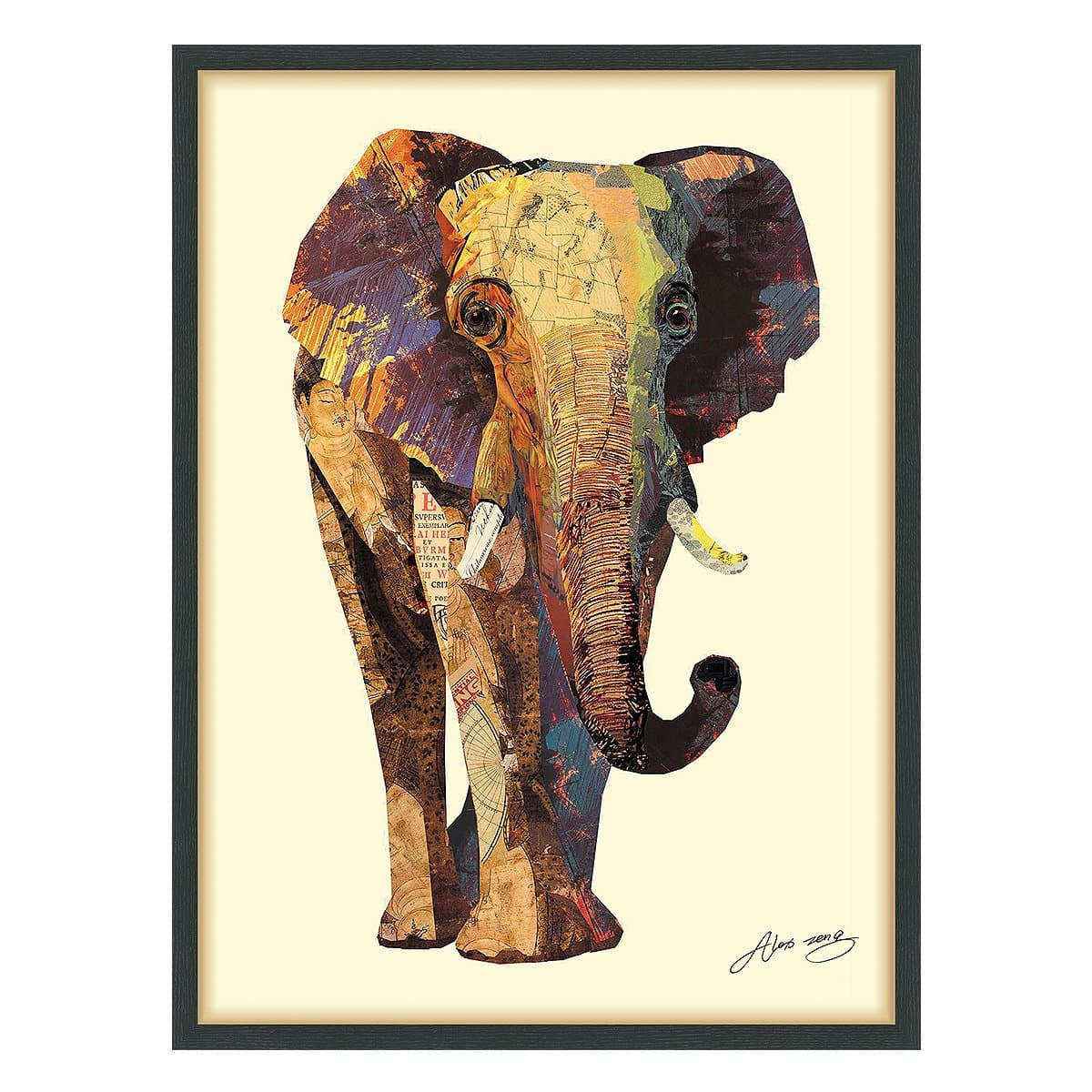 Empire Art Direct "Elephant" Dimensional Art Collage Hand Signed by Alex Zeng Framed Graphic Wall Art