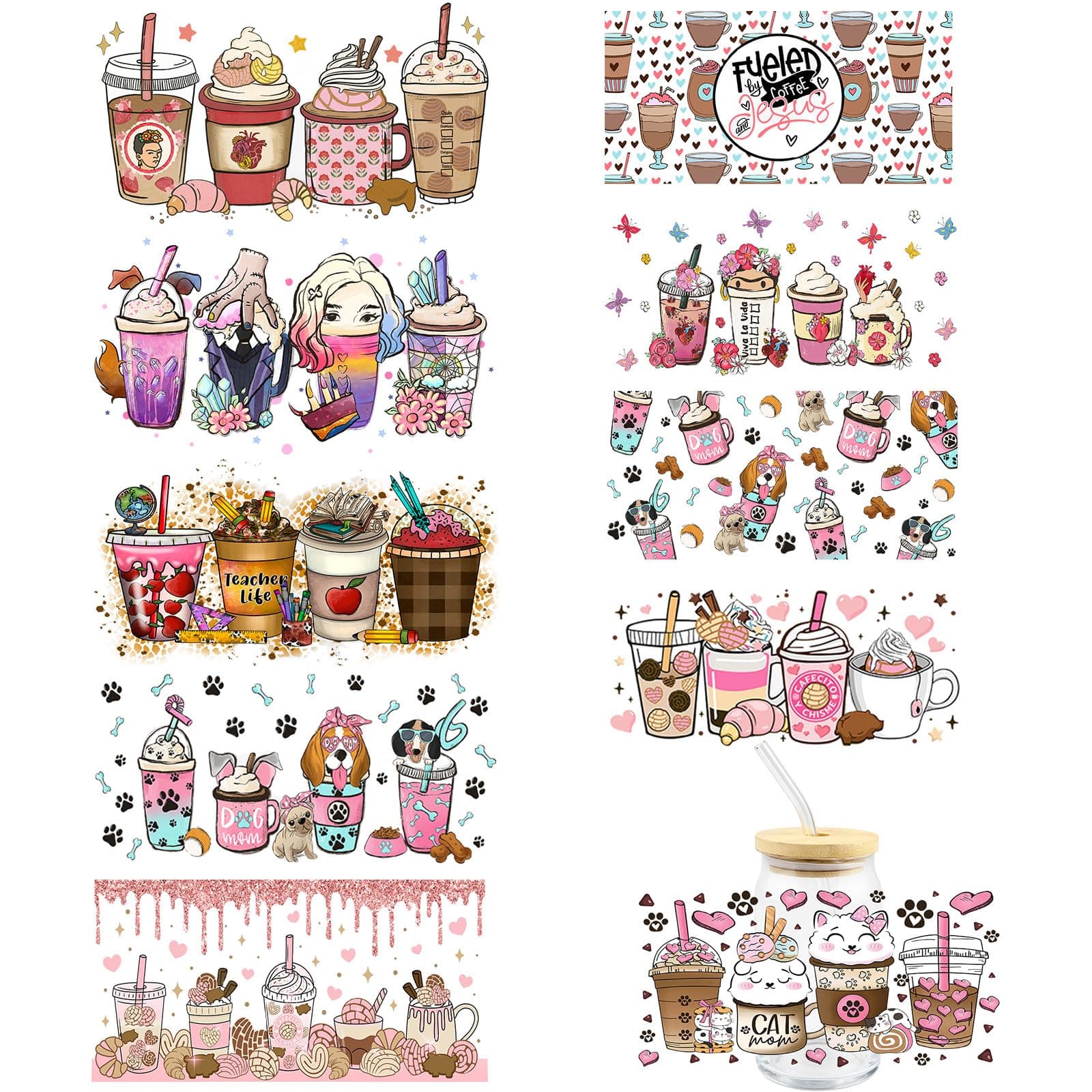 ArtCentury UV DTF Cup Wrap Transfer Stickers for Glass, 10 Sheet Cups Rub on Transfers for Crafting, UV DTF Transfer Waterproof Sticker for 16OZ Libbey Glass Cups Furniture Craft Wood DIY Crafts