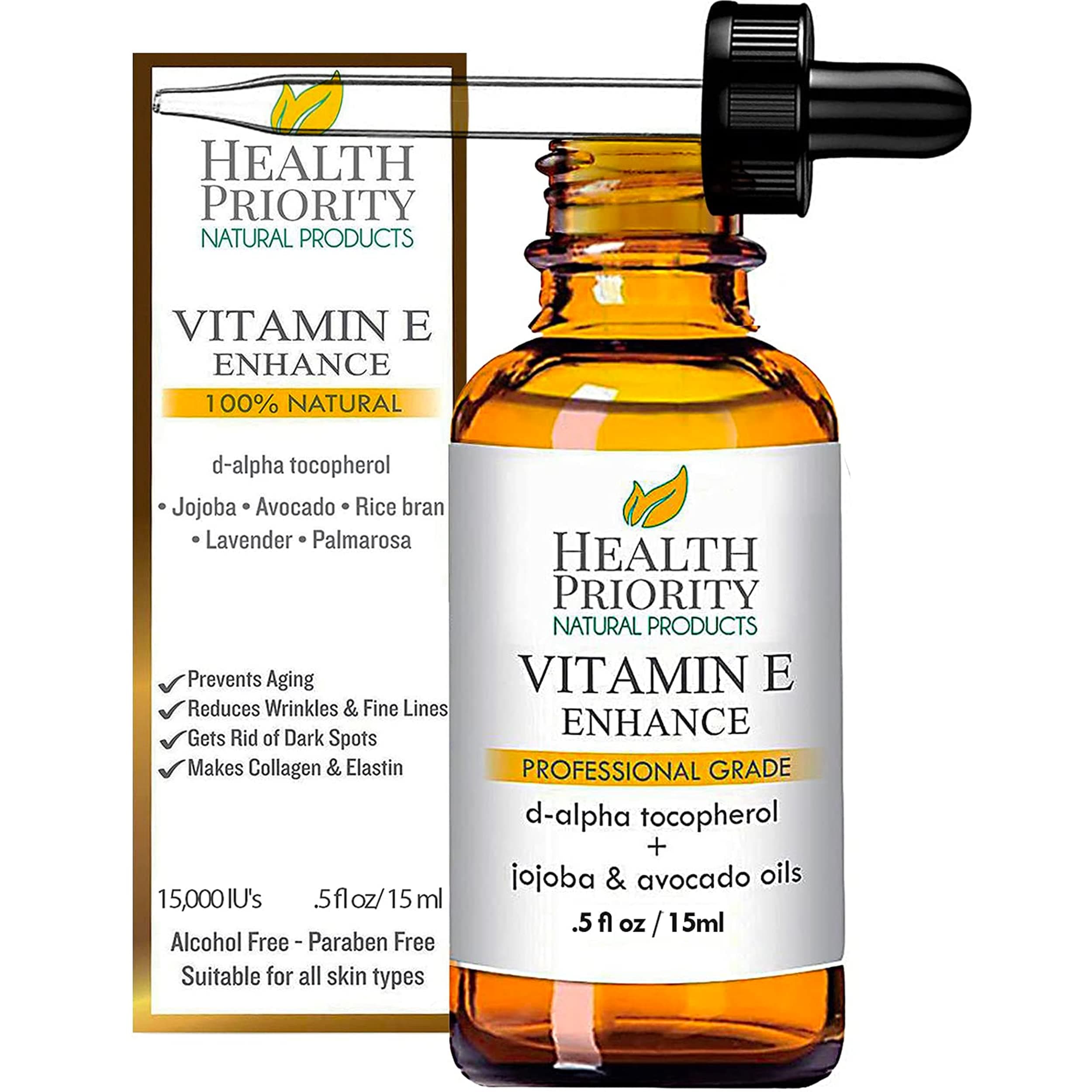 Health Priority Naturals|Vitamin E Oil - for Face/Hair - Organic, Handmade, Non-GMO, Gluten-Free, Vegan - For Scars, Wrinkles, Stretch Marks - Scented, 15,000 IU, 0.5 Fl Oz