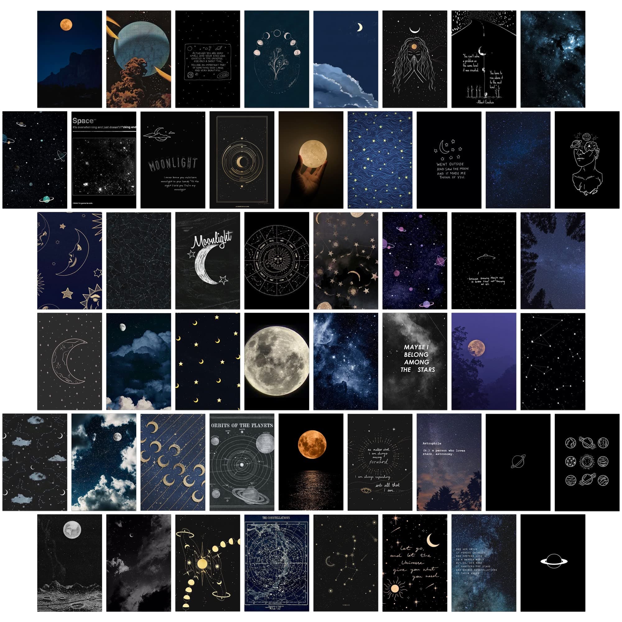 Astronomy Wall Collage Kit Aesthetic Pictures, Moon Stars Photo Collage Kit Dorm Room Decor for Teen Boy Girl, Moonlight Aesthetic Room Decor Photo Collection for Bedroom (50pcs 4x6 inch)