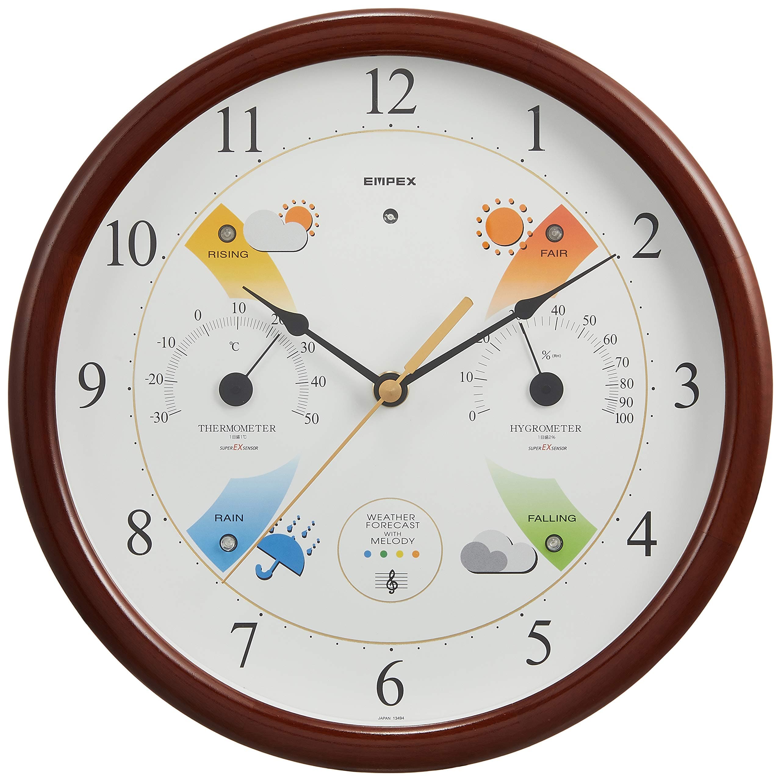 Empex EX-5478 Meteorological Thermometer, Hygrometer, Super EX Melody Weather Station, Weather Forecast Function, Wall Mounted, Made in Japan, Brown