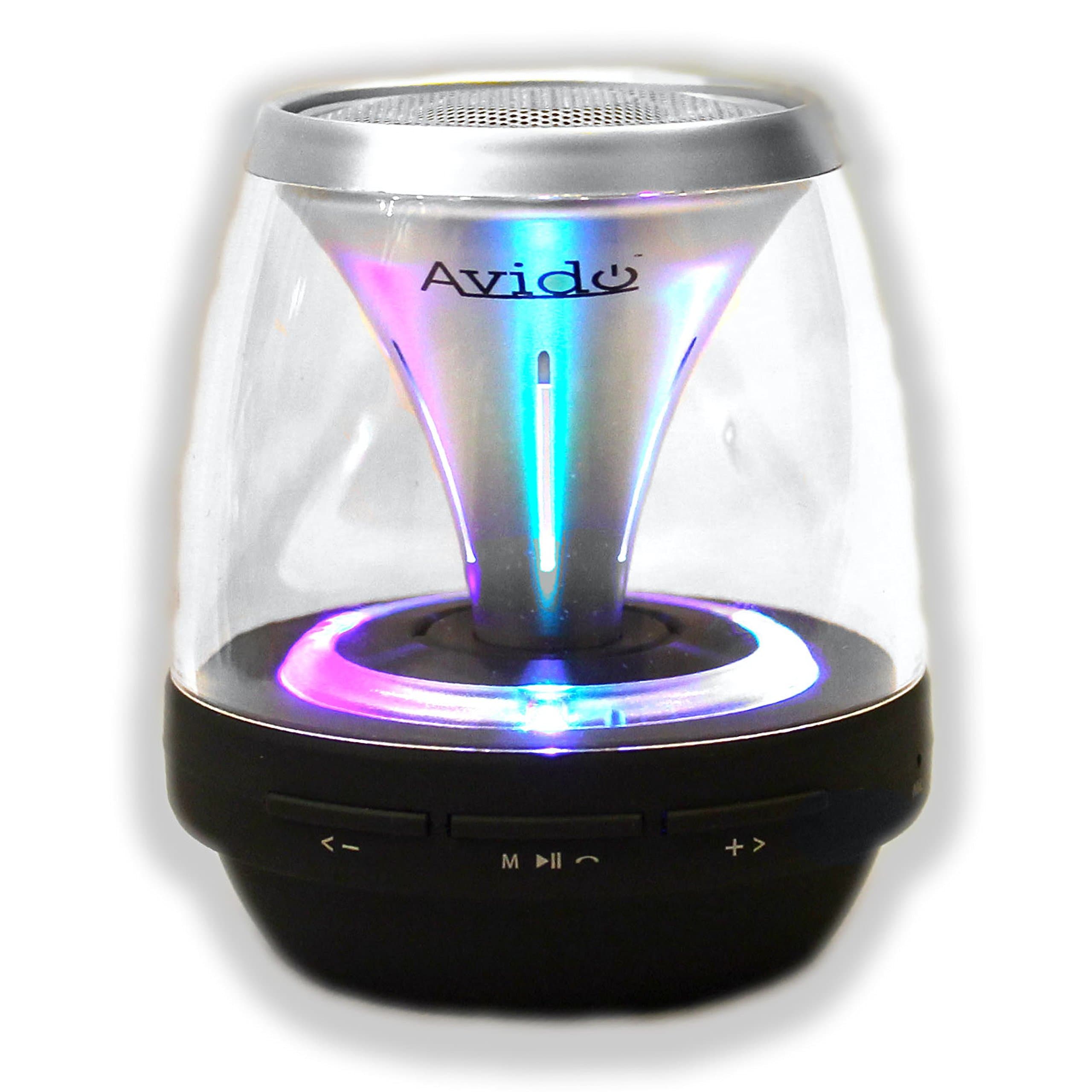 Avido Proton Ultra-Portable [Multi-Color LED Light Show] Wireless Bluetooth Speaker - HD Sound, Speakerphone, FM Radio, Auxiliary Input, Micro SD Card, Voice Prompts, Rechargeable - (Black/Silver)