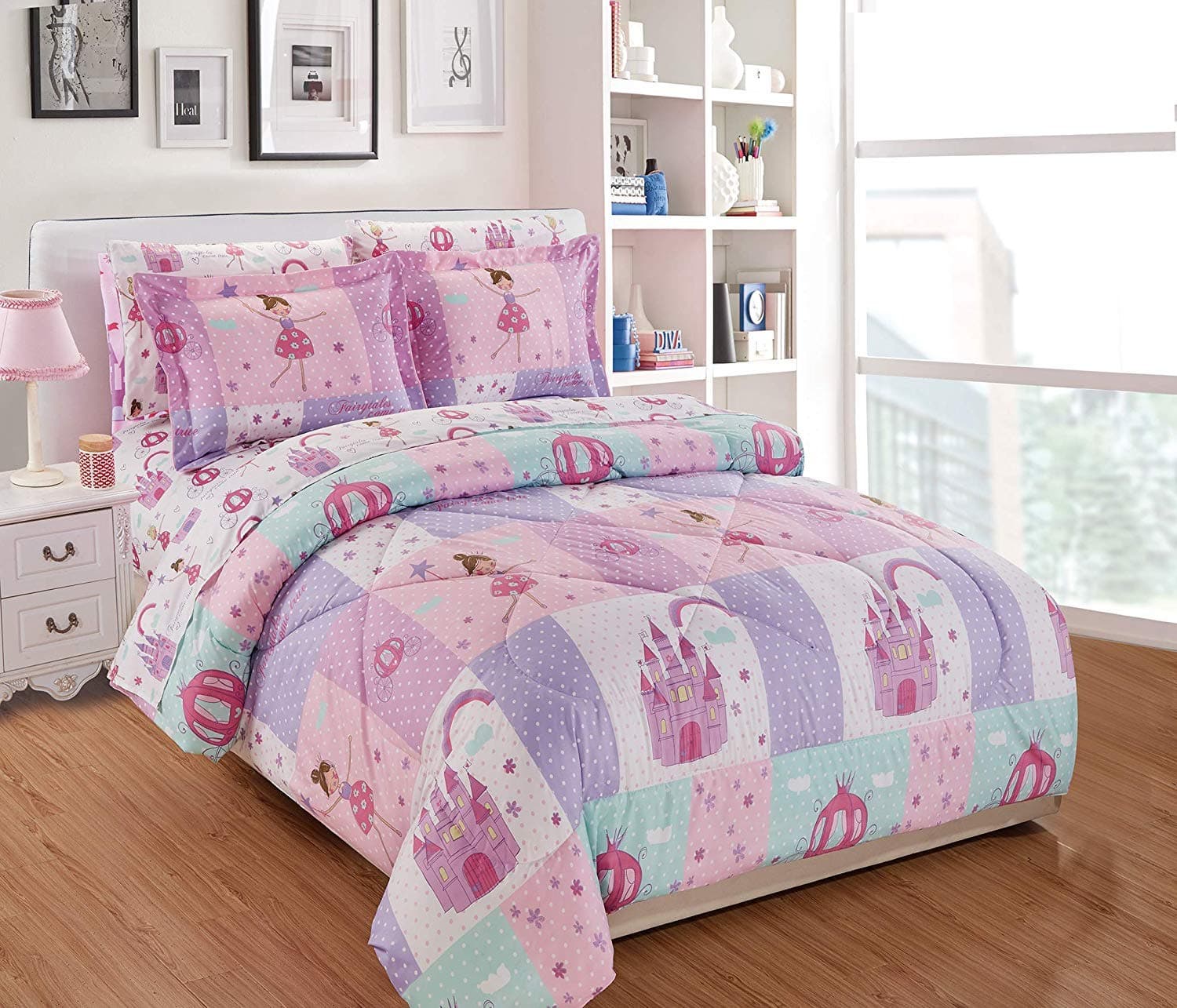 Elegant Homes Multicolor Pink Lavender Lilac Blue Princess Fairy Tales Palace Castle Design Comforter Bedding Set for Girls/Kids Bed in a Bag with Sheet Set # Fairytales (Twin Size)