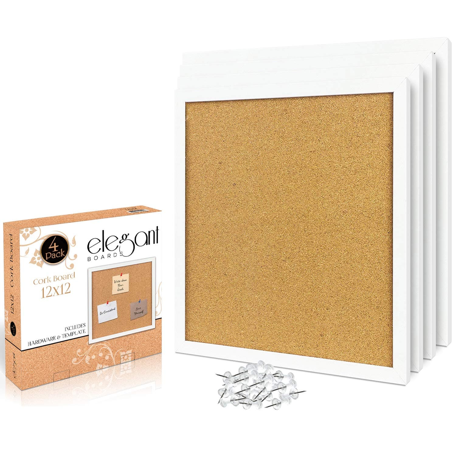 4 Pack Cork Bulletin Board 12"X 12" Square Wall Tiles, Modern White Framed Boards for Home and Office (Pushpins, Hardware and Template Included)