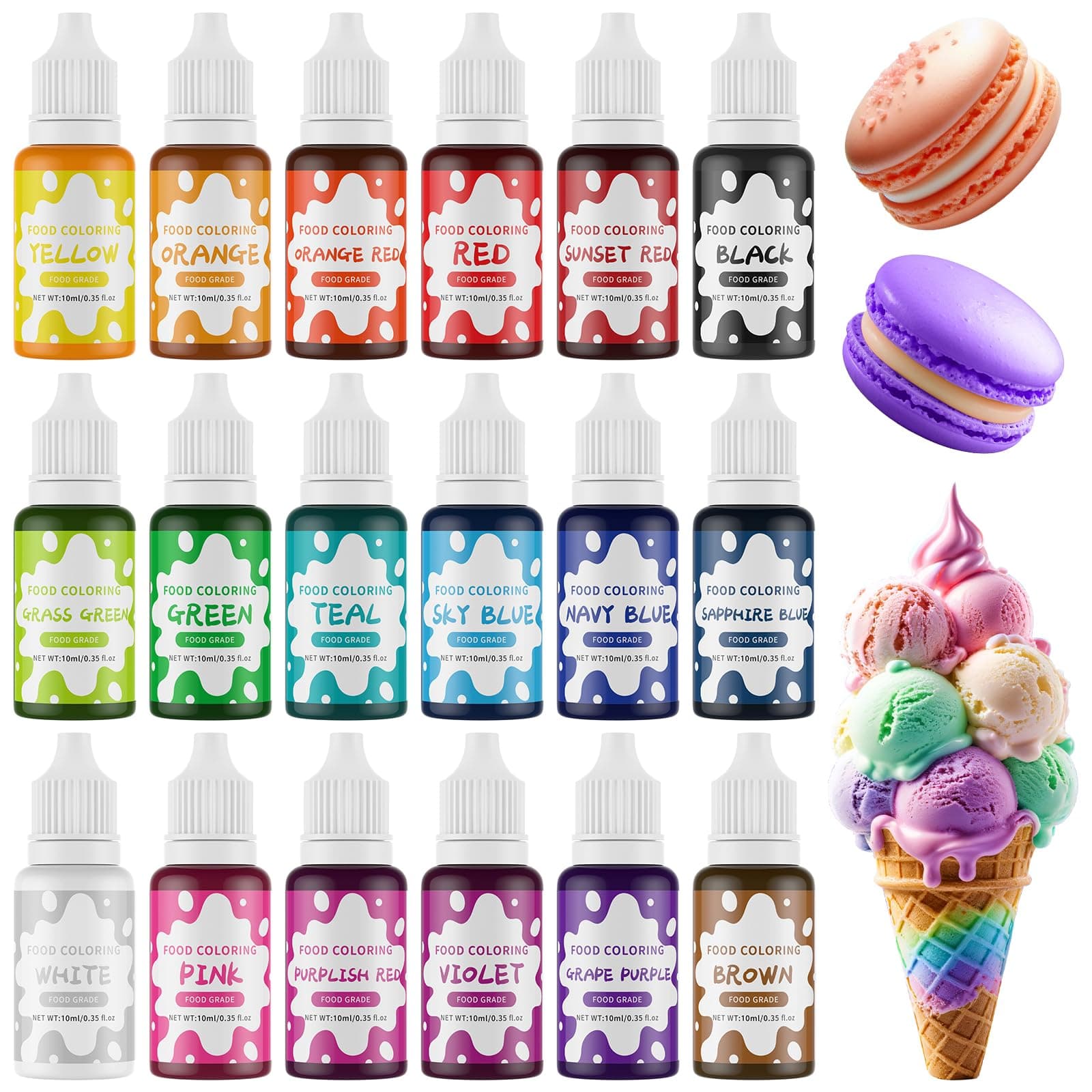 Food Coloring Liquid - 18 Food Grade Vibrant Colors Food Coloring Liquid Set, Food Dye Color for Baking, Icing, Cookie, Cake Decorating, Easter Egg, DIY Making Supplies Kit (0.35 Fl Oz (Pack of 18))