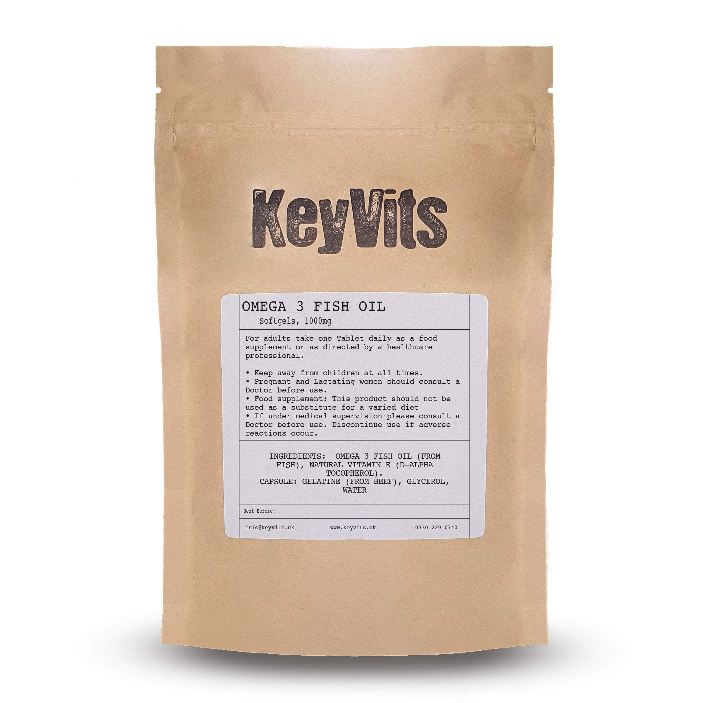 KeyVits Omega 3 Fish Oil 1000mg, 365 Capsules, High Strength Balanced EPA and DHA, with Natural Vitamin E, Independently Tested Contaminant Free, Made in The UK, Resealable Foil Pouch