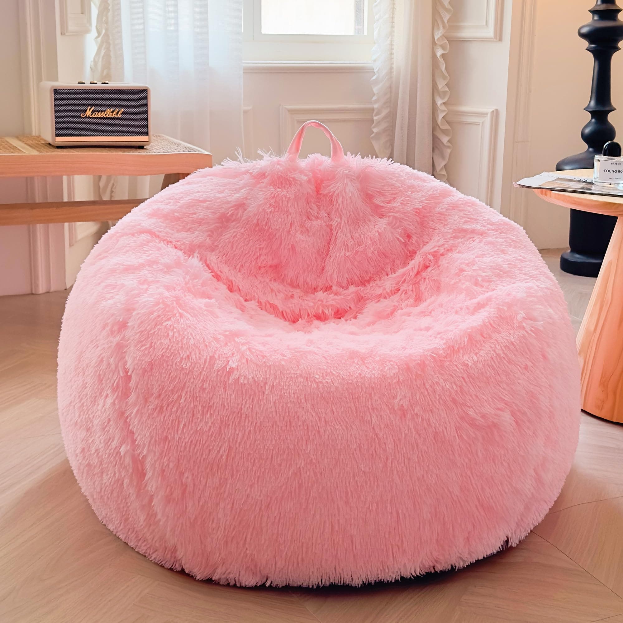 XeGe Faux Fur Comfy Bean Bag Cover for Living Room(No Filler), Fluffy Stuffed Animal Storage Bean Bag Chair Cover Home Decor, Furry Fuzzy Big Gaming Beanbag Cover Adults Kids Girls, Anti-slip, Pink