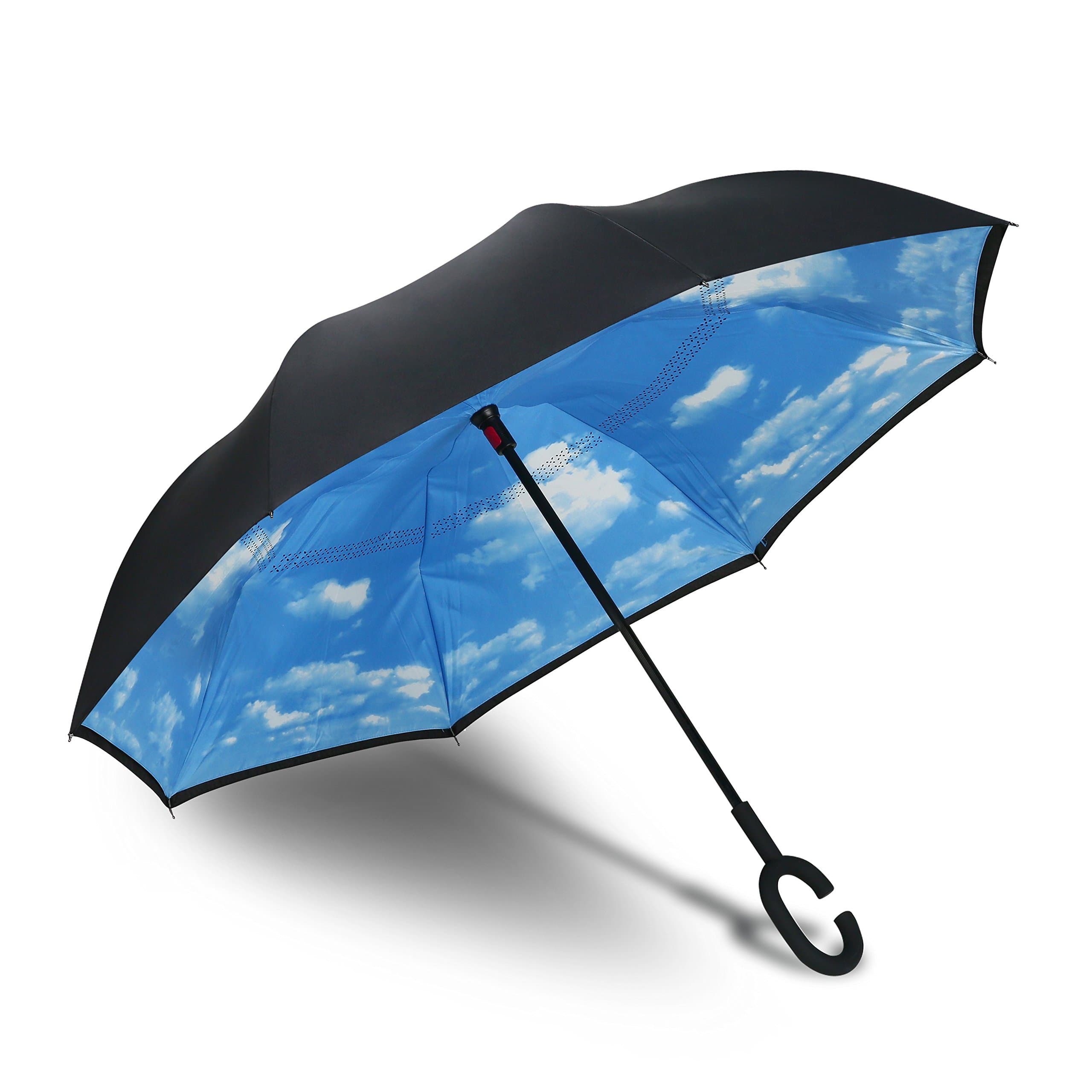 Procella Inverted Umbrella, Large Windproof Double Layer Canopy, Reverse Umbrellas for Car, Rain, Sun and Outdoor Use, Hands-Free C-Shaped Handle, UV Protection, Blue Sky Design
