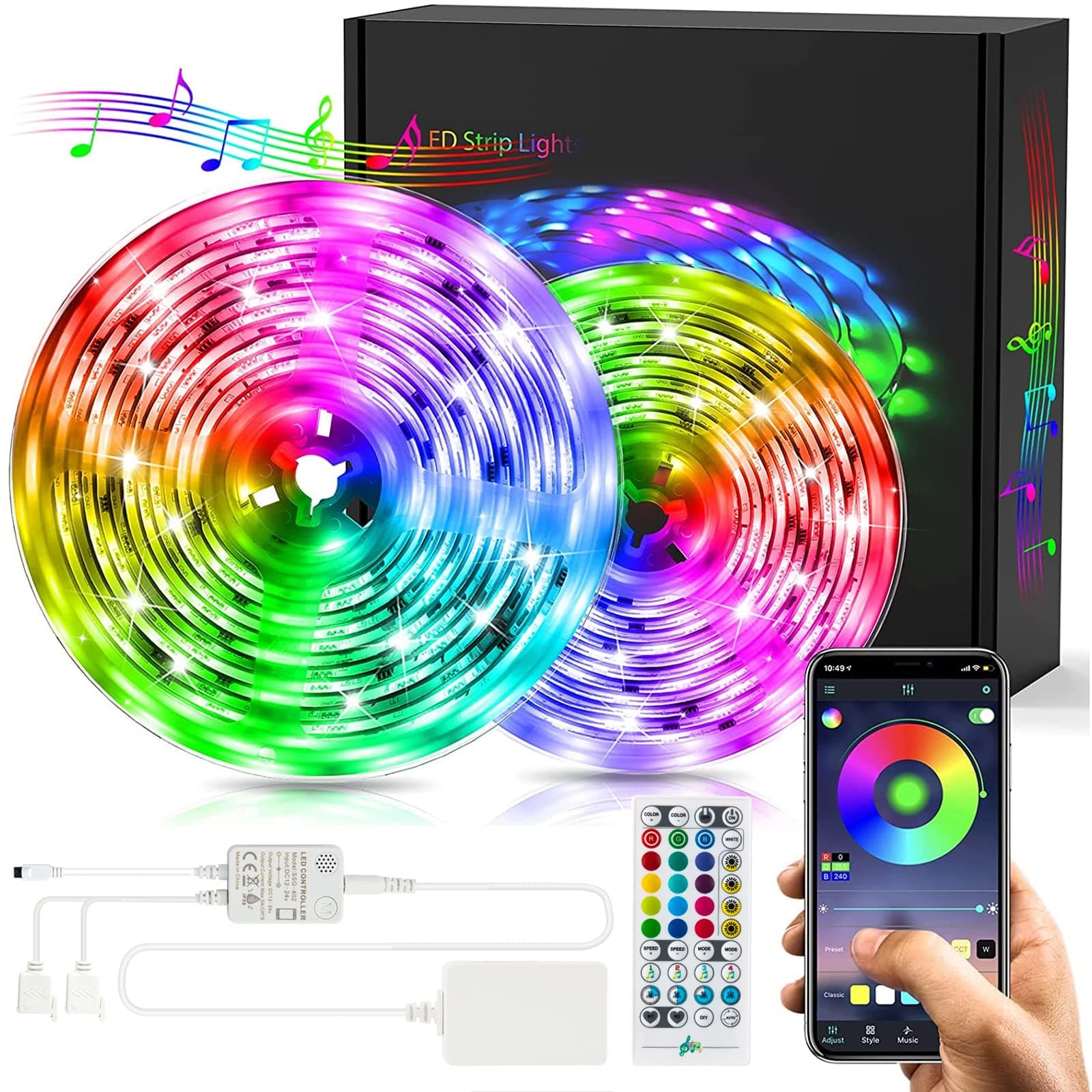 UALAU 65.6FT LED Strip Lights, 5050 RGB Brighter Light Strip Kits with APP & Remote Control, Led Lights for Chirstmas Decoration, Bedroom, Room, Kitchen, Ceiling and TV （2 ROLLS/32.8FT）