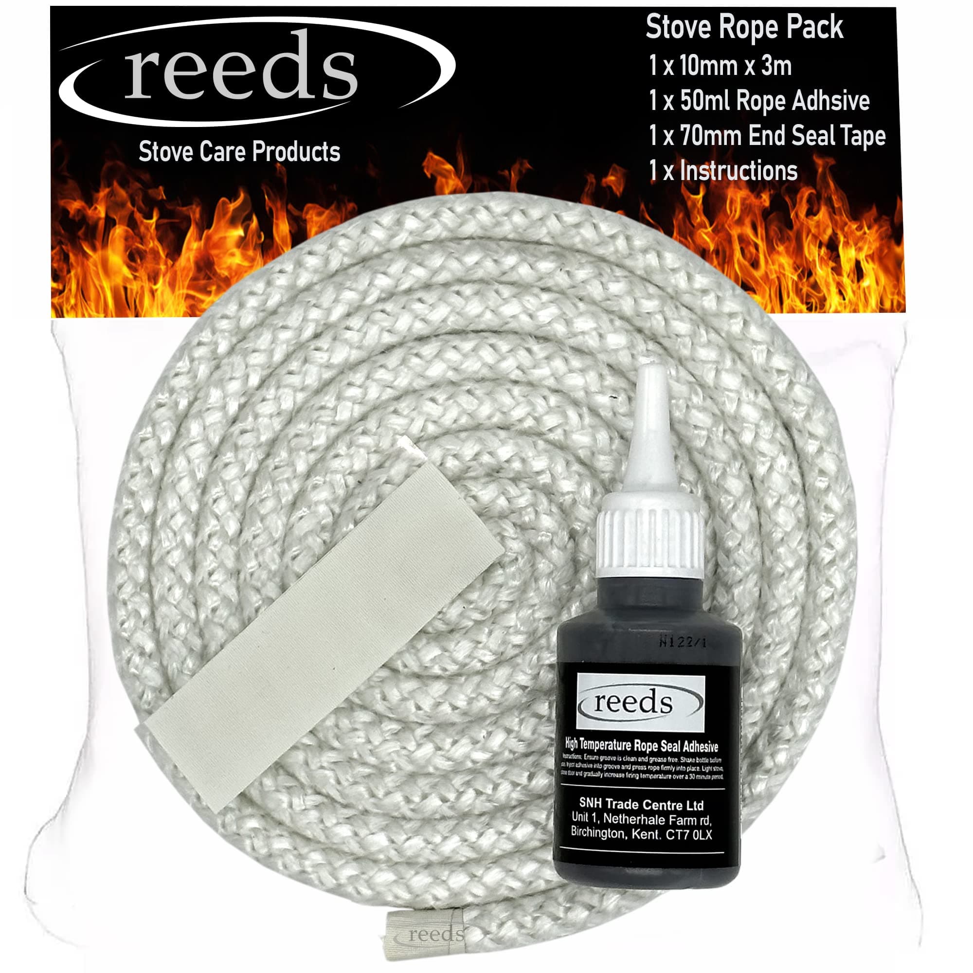 Stove Fire Rope 10mm x 3m Length & Reeds Glue 50ml Kit Woodburner Log Burner Door Seal Kit