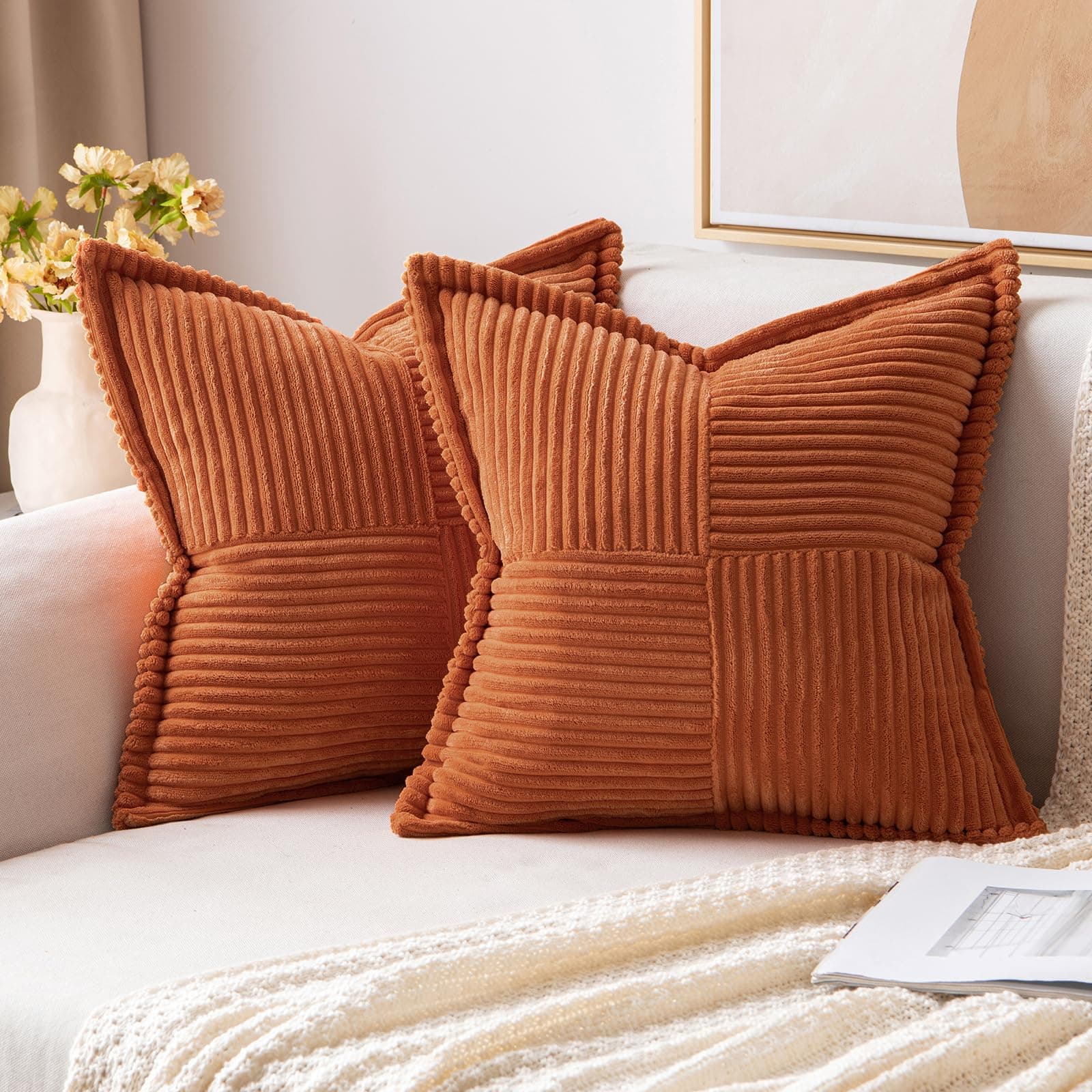 Rust Decorative Throw Pillow Covers for Couch Bed Livingroom 18x18 Inch Set of 2 Boho Accent Throw Pllows Broadside Striped Patchwork Soft Corduroy Pillowcases