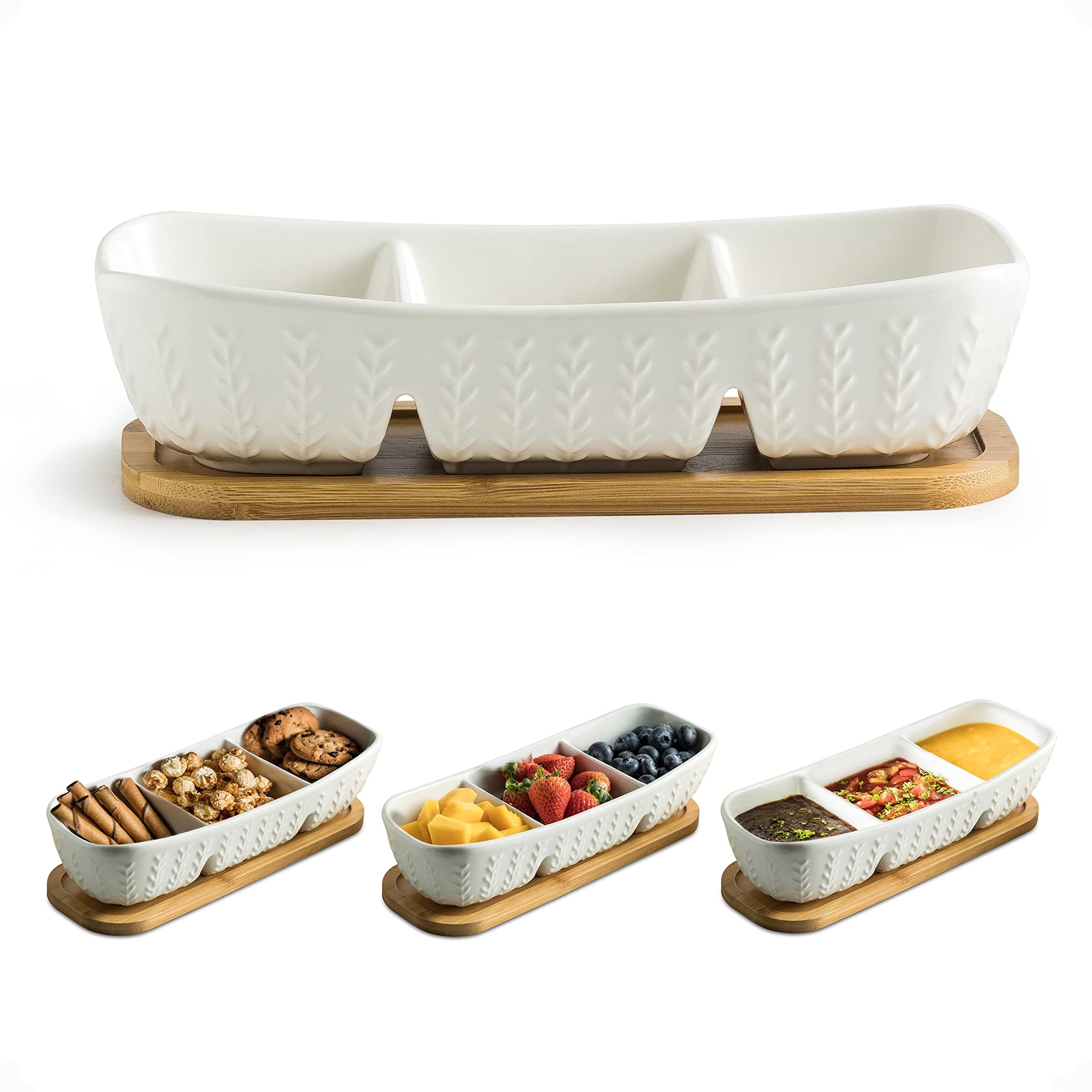 3 Compartment Condiment Tray, Chip and Dip Bowl with Wooden Serving Tray, Perfect for Snacks, Appetizers, Charcuterie, Chips, Candy, 10-inch Chip and Dip Serving Set for Parties