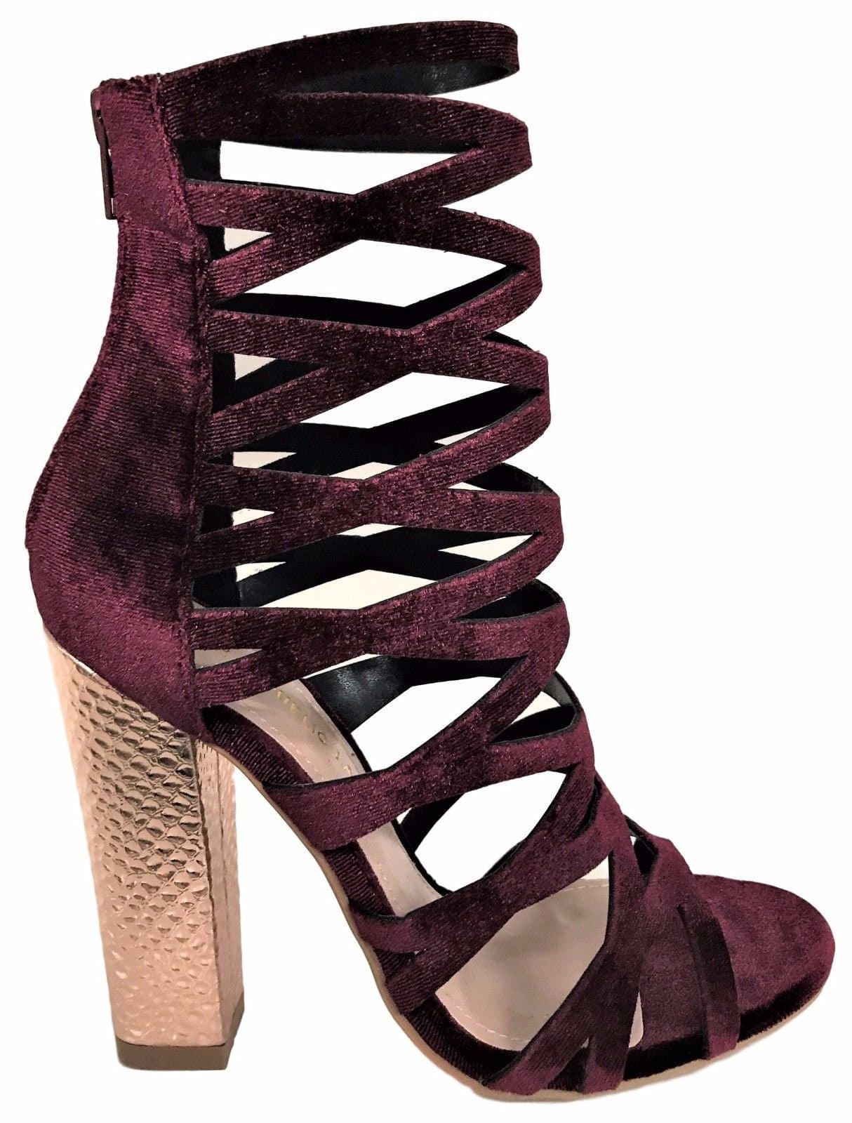 Shoe Republic Shimmy Cage Gladiator Velvet Metallic Block Heel Sandal Bootie Shoe Wine 6