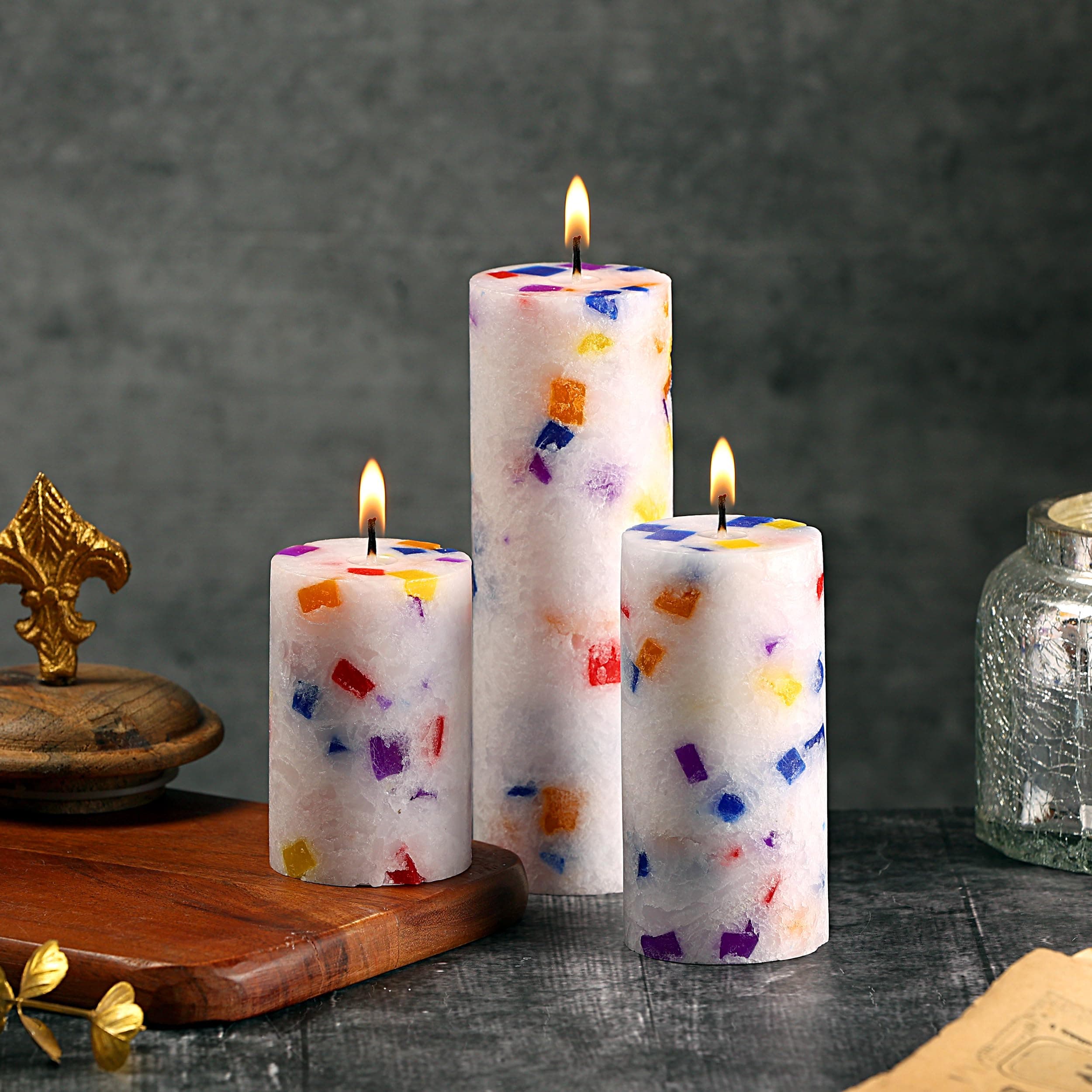 PROSPERRO LUMO By Parkash Candles Set Of 3 Fragrance Pillar Wax Candles Marble Finish(Christmas Snow - Mahagony)