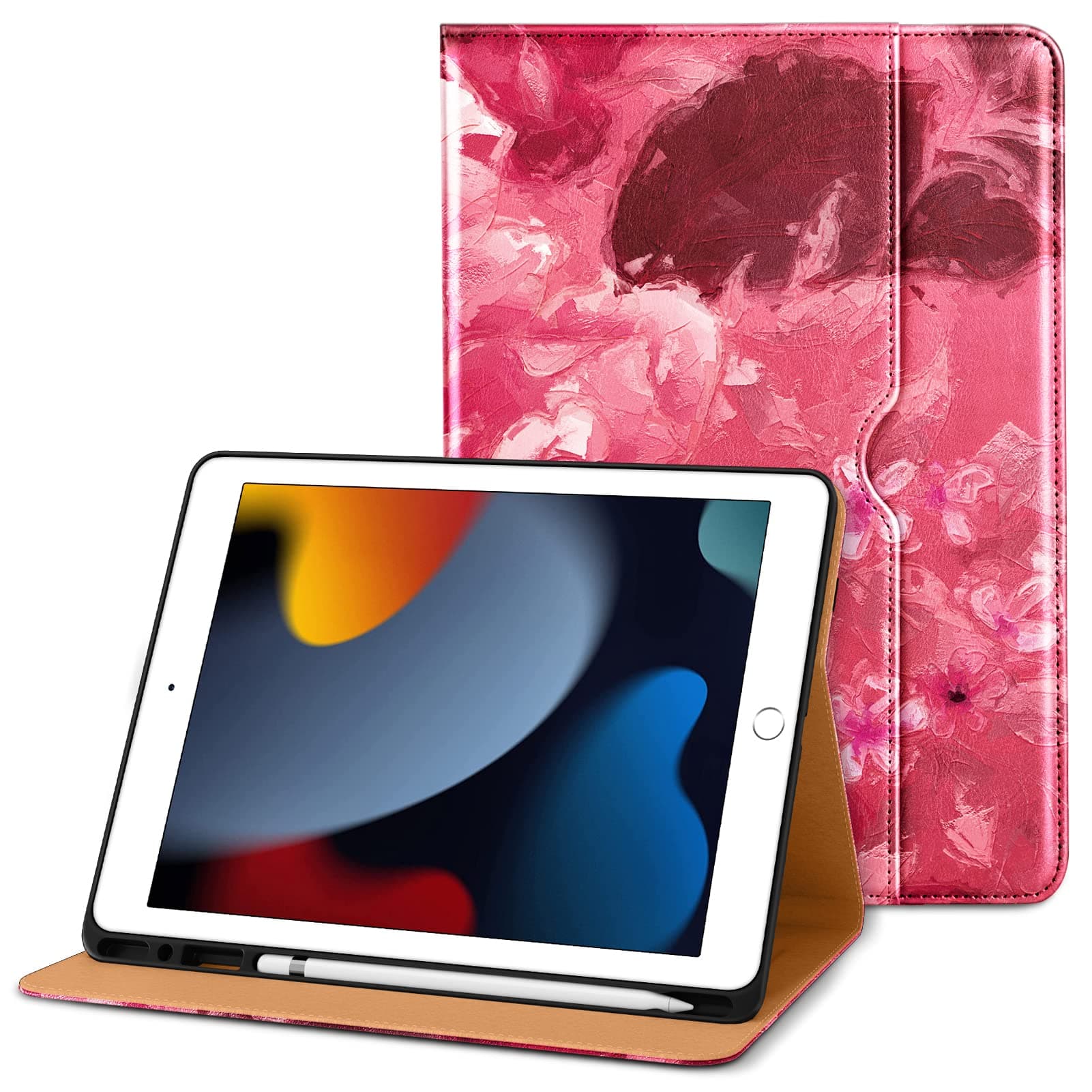 DTTO for iPad 9th/8th/7th Generation 10.2 Inch Case 2021/2020/2019, Premium Leather Business Folio Stand Cover with Apple Pencil Holder-Auto Wake/Sleep and Multiple Viewing Angles, Watercolor Flowers